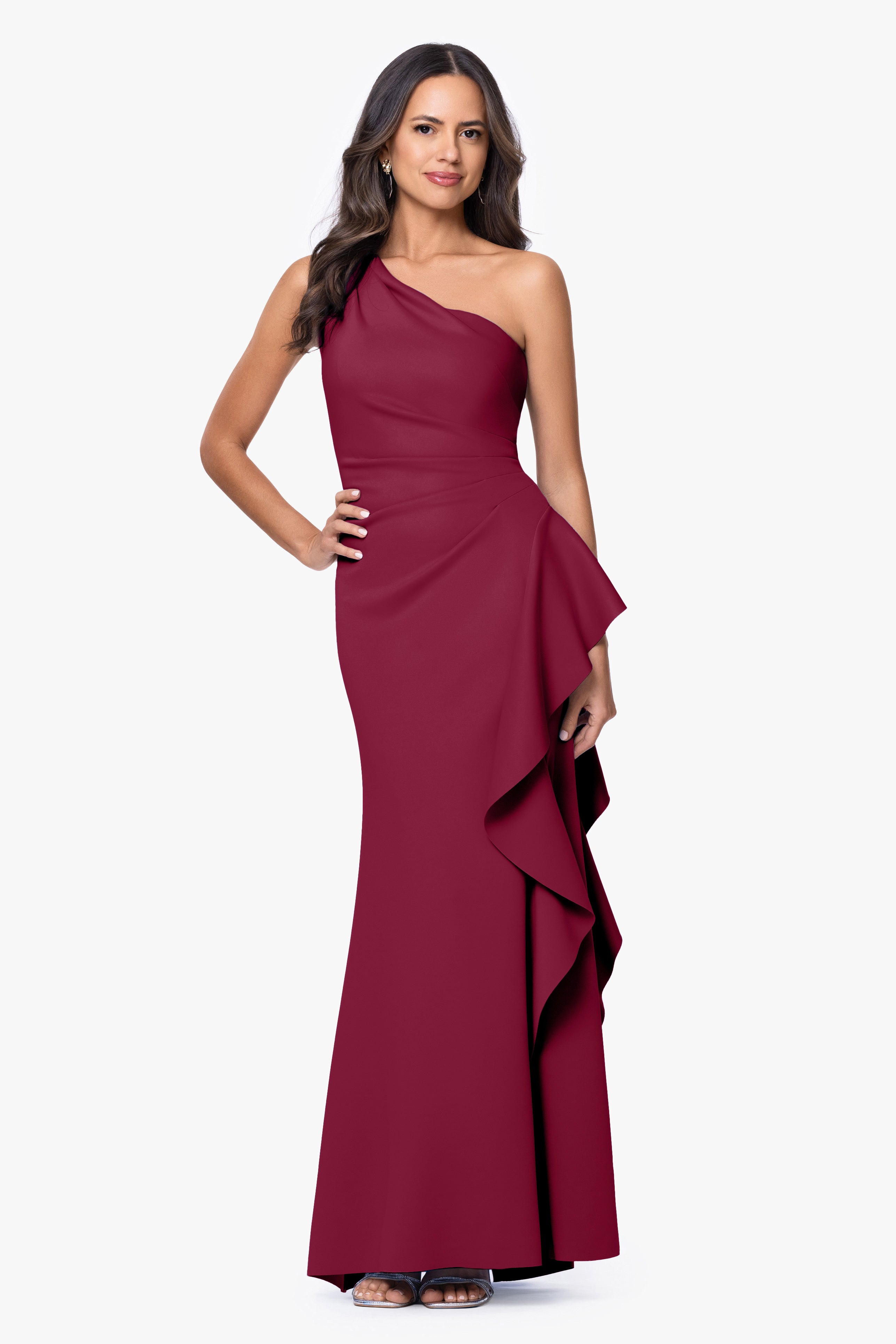 "Flo" Long Techno Scuba One Shoulder Ruffle Dress