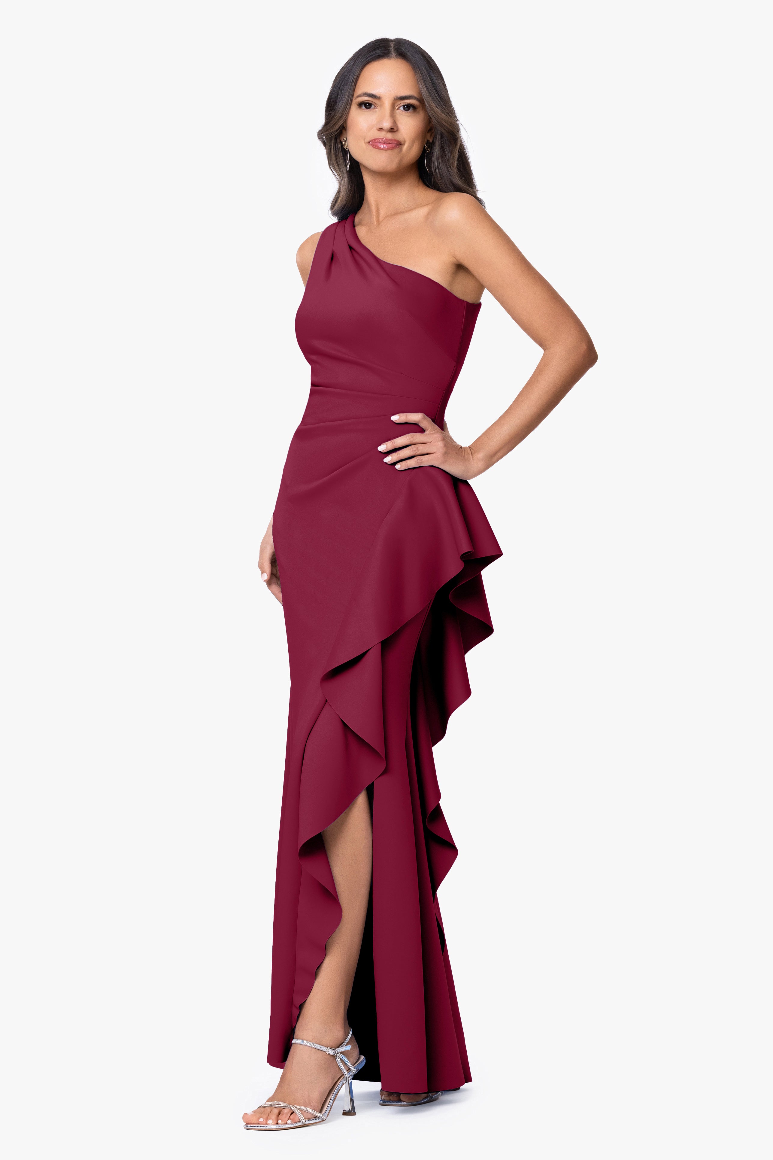 "Flo" Long Techno Scuba One Shoulder Ruffle Dress