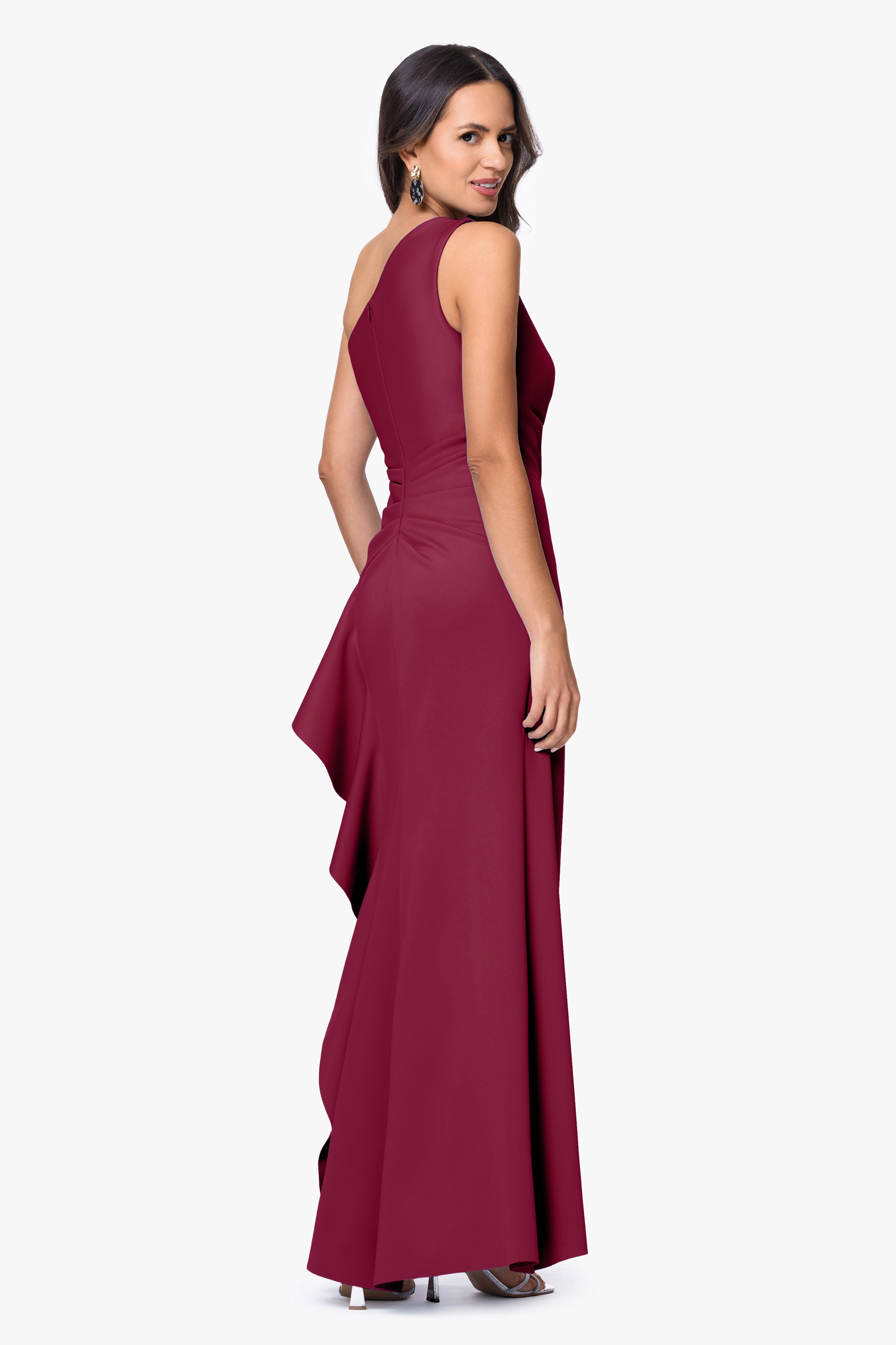"Flo" Long Techno Scuba One Shoulder Ruffle Dress