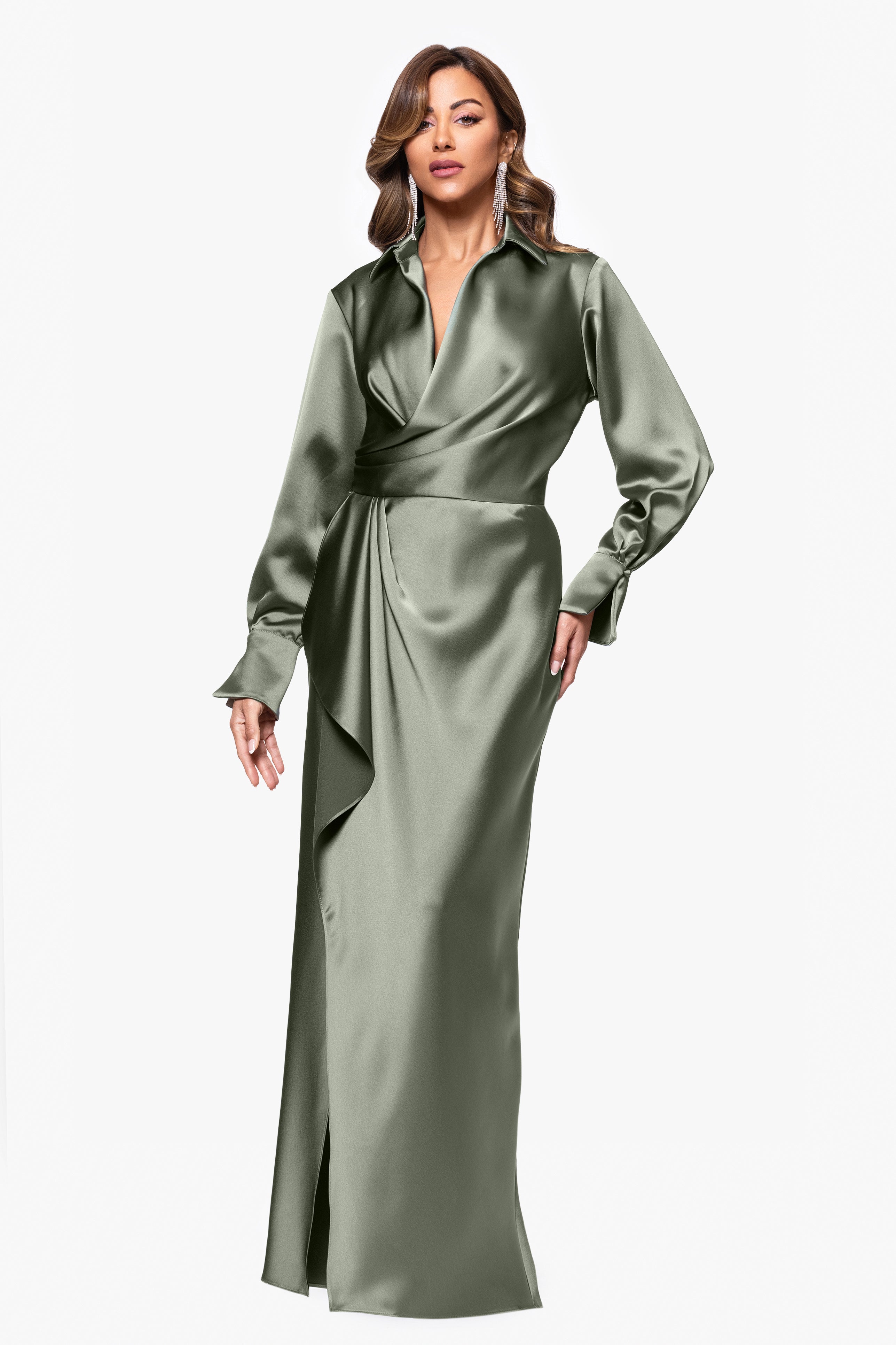 "Emery" Long Satin Long Sleeve Collared Dress