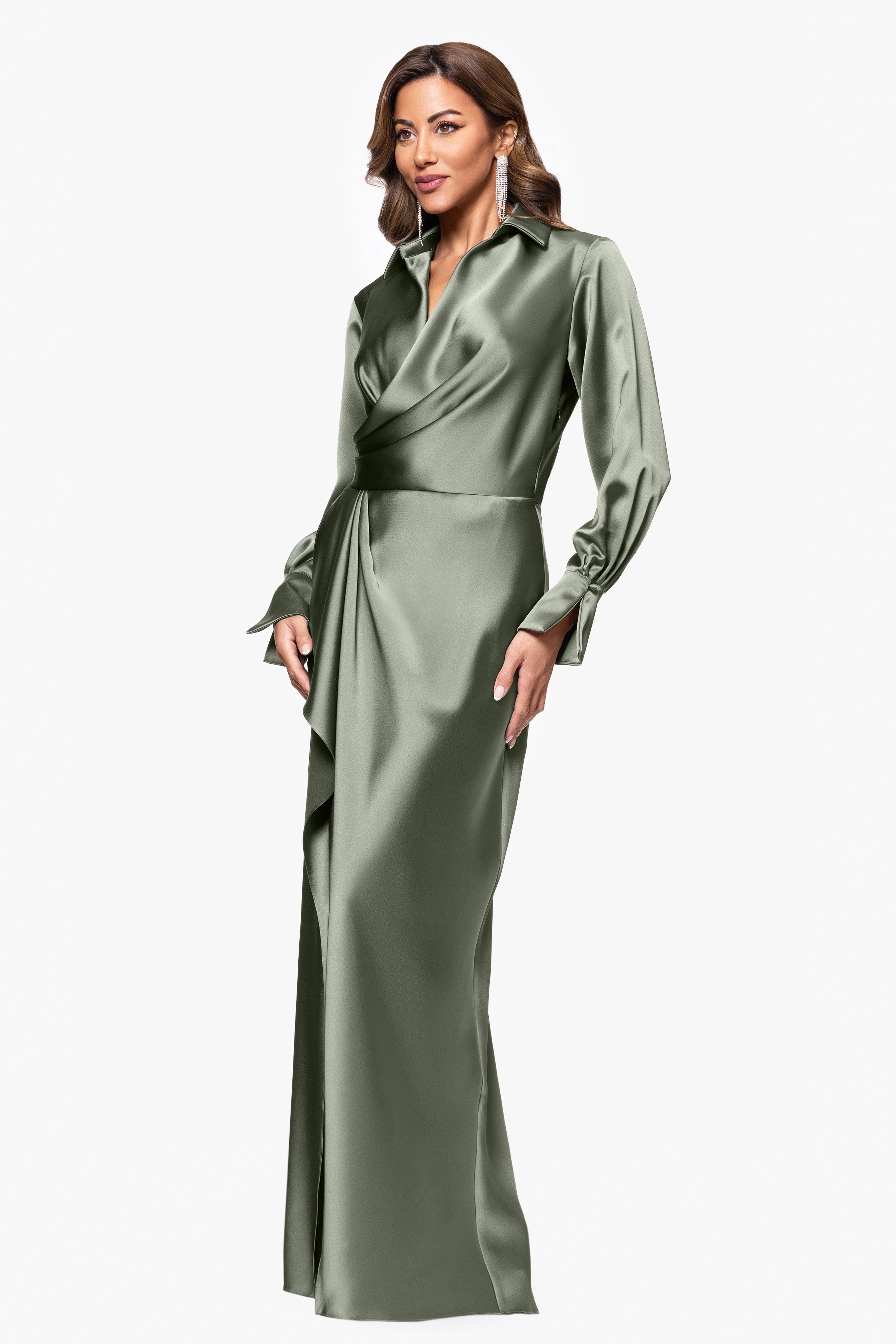 "Emery" Long Satin Long Sleeve Collared Dress