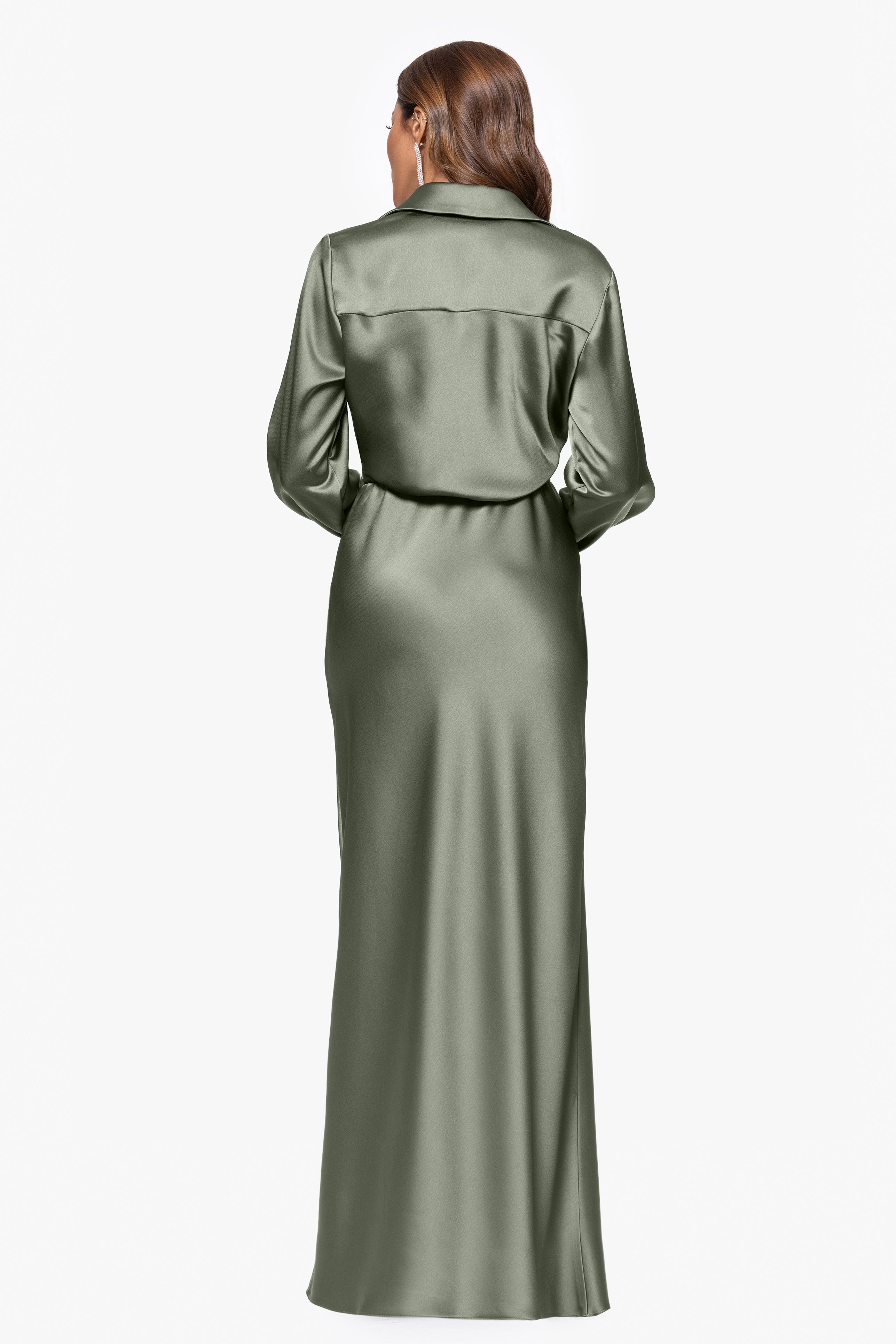 "Emery" Long Satin Long Sleeve Collared Dress