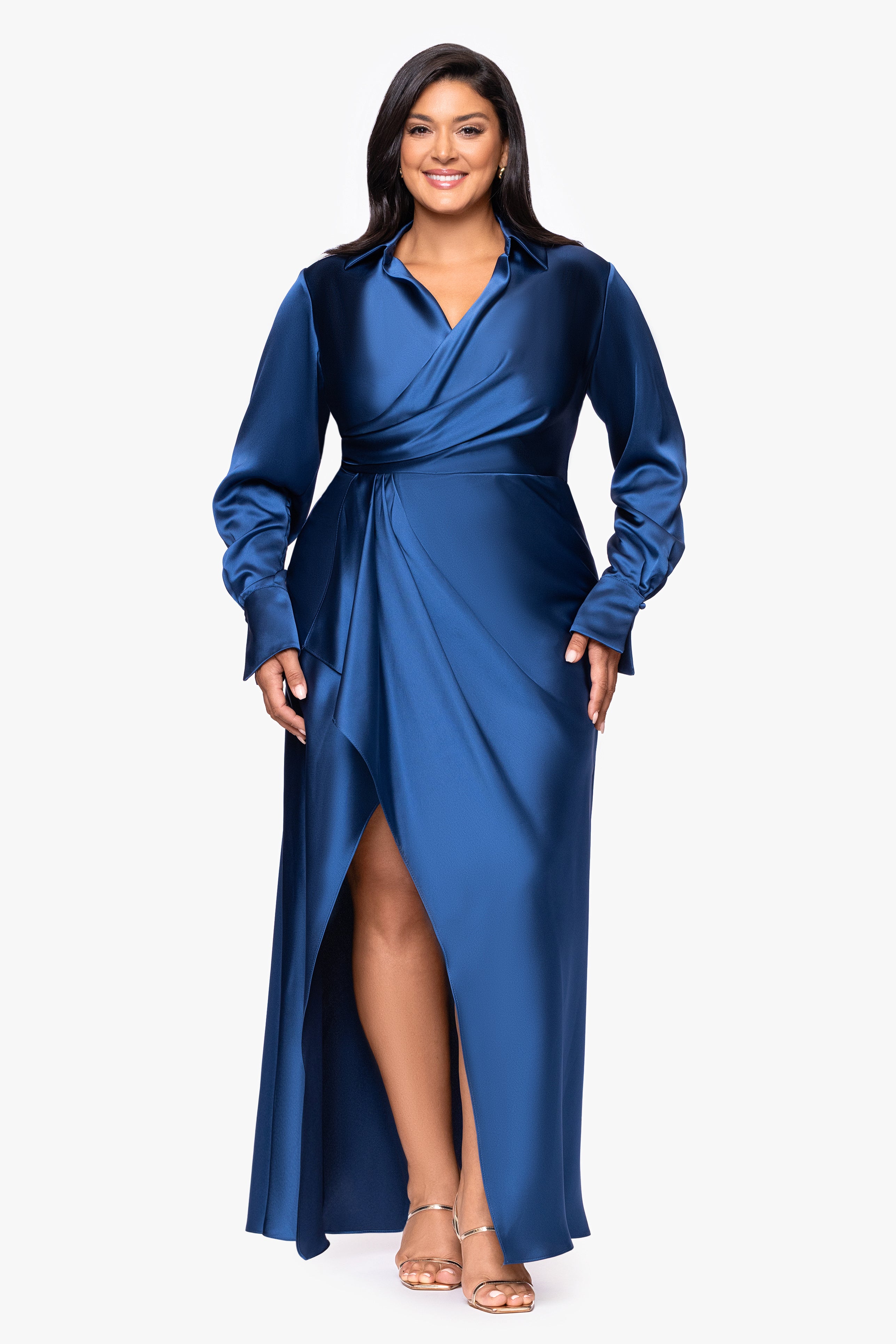 Plus "Emery" Long Satin Long Sleeve Collared Dress