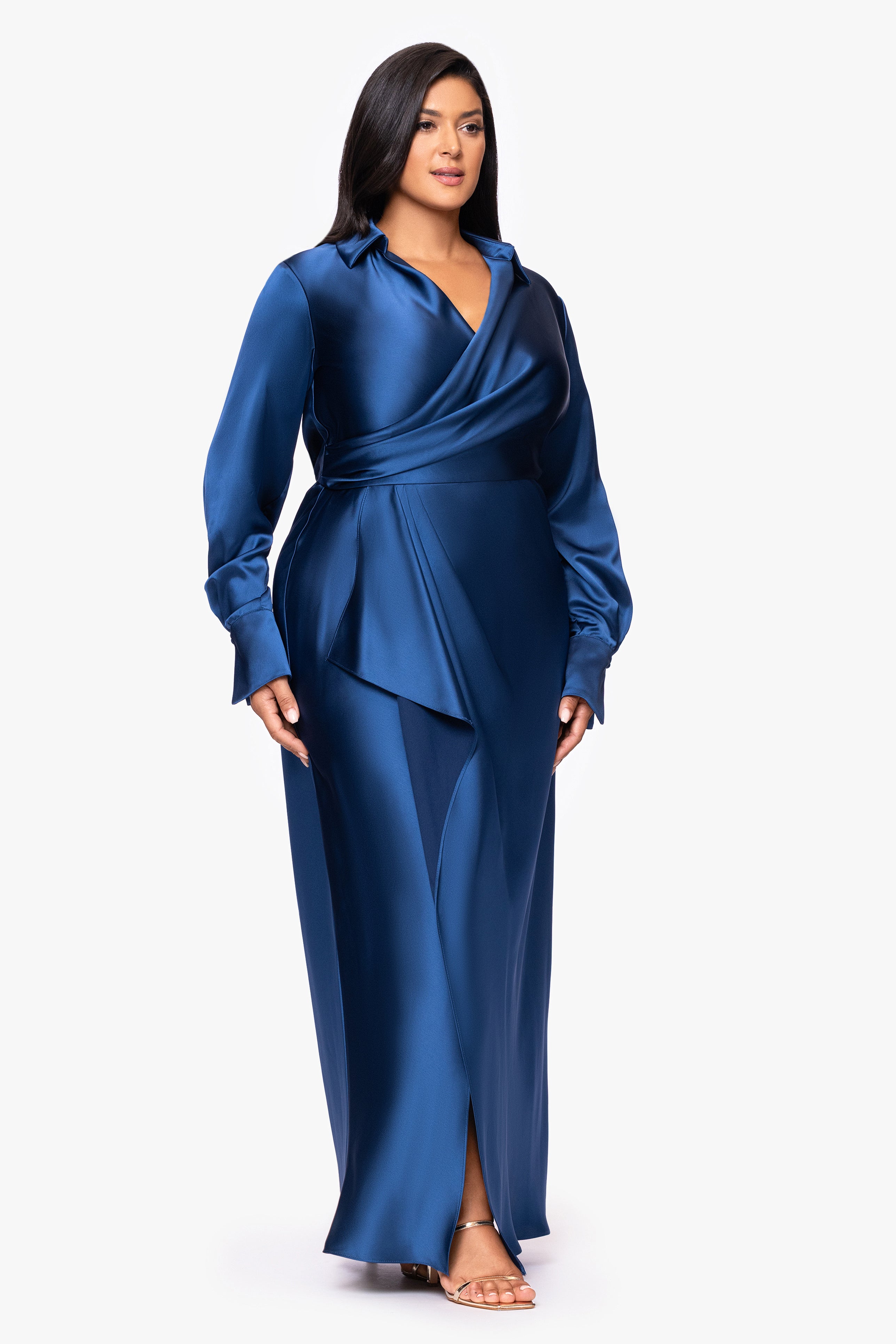 Plus "Emery" Long Satin Long Sleeve Collared Dress