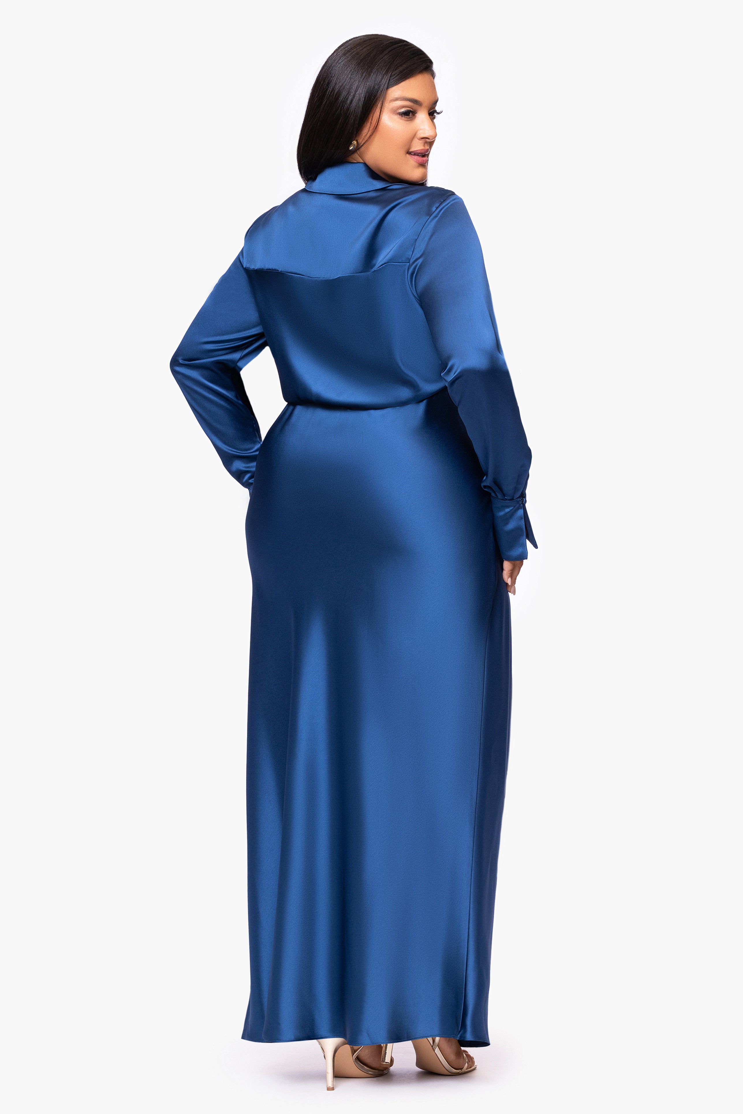 Plus "Emery" Long Satin Long Sleeve Collared Dress