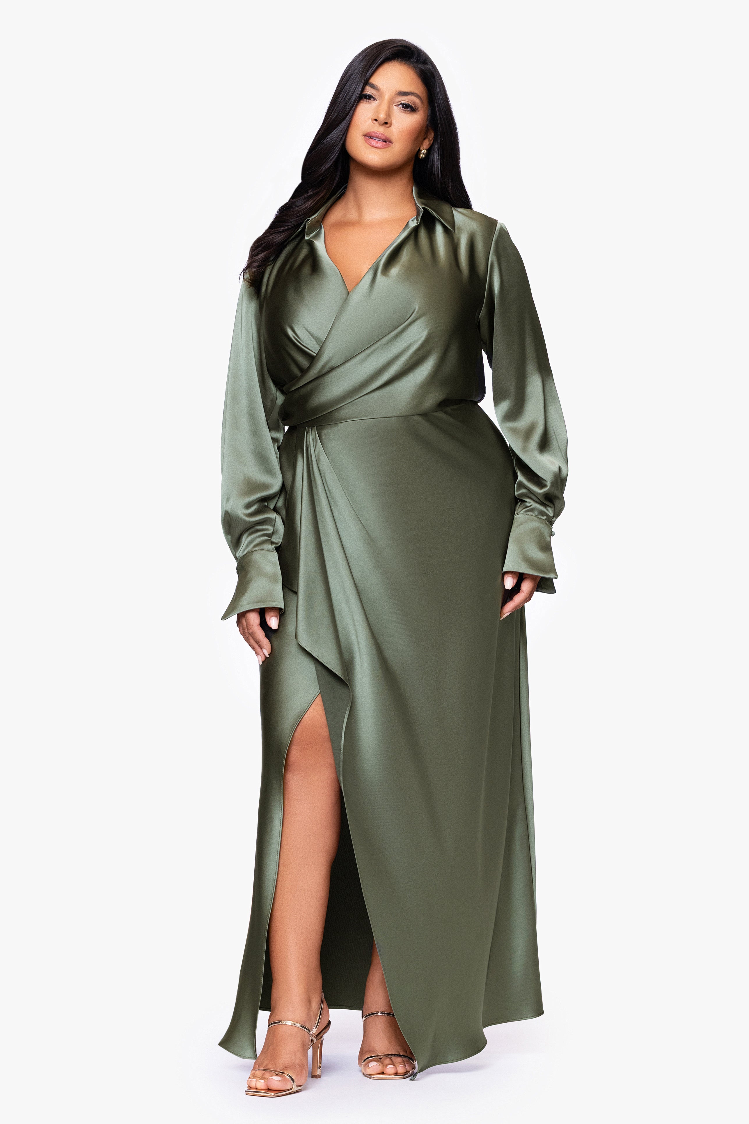 Plus "Emery" Long Satin Long Sleeve Collared Dress