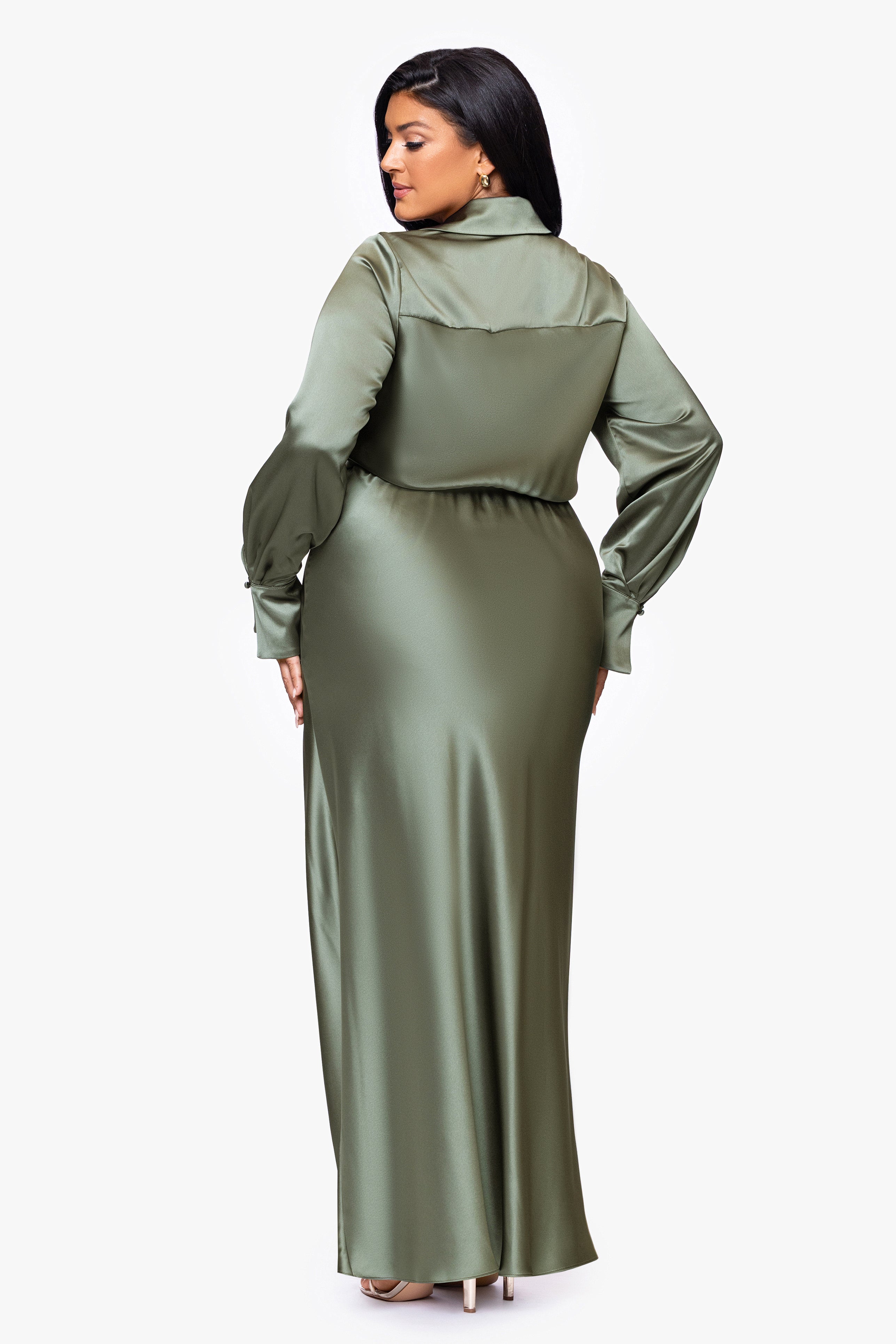 Plus "Emery" Long Satin Long Sleeve Collared Dress