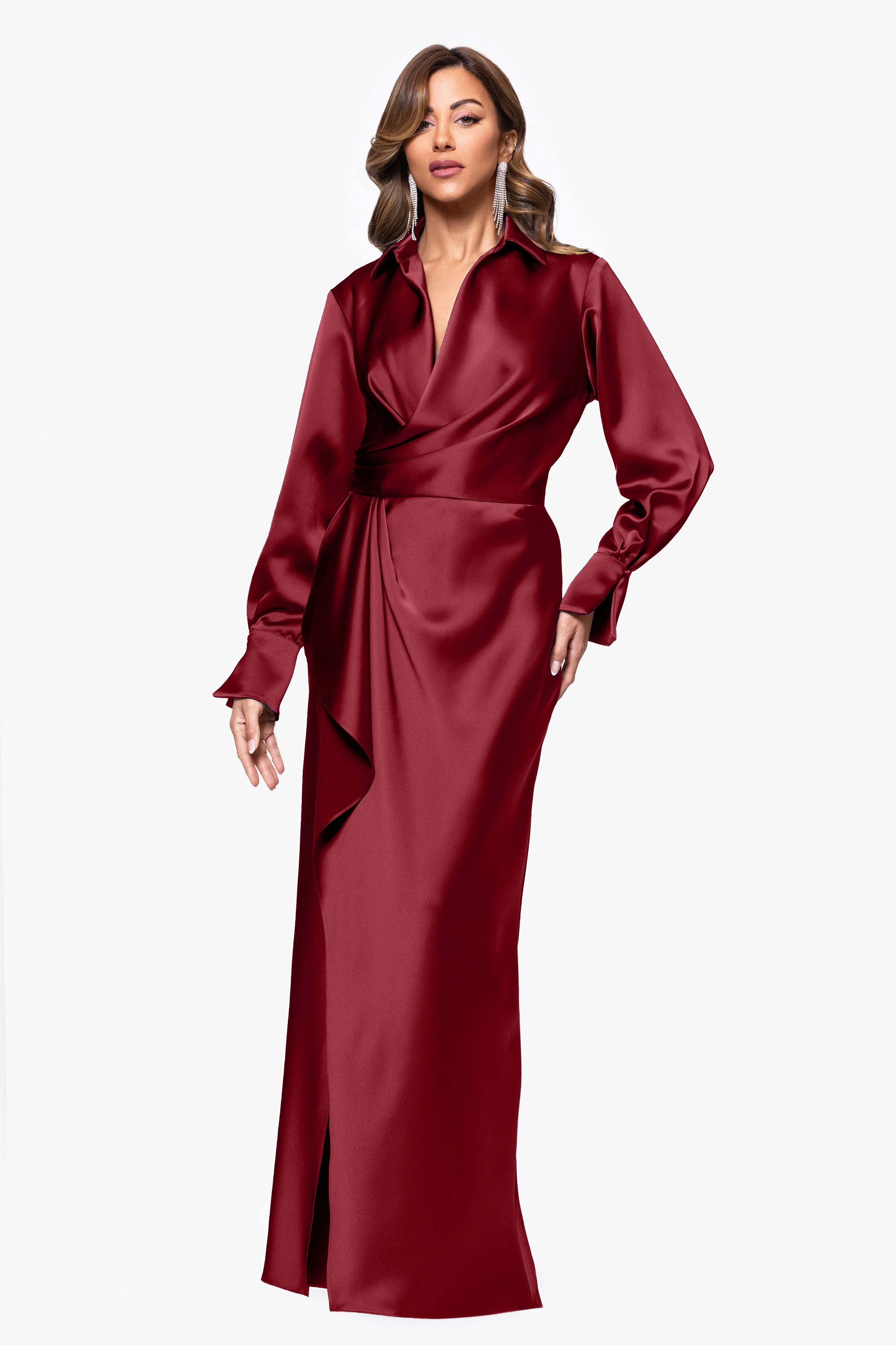 "Emery" Long Satin Long Sleeve Collared Dress