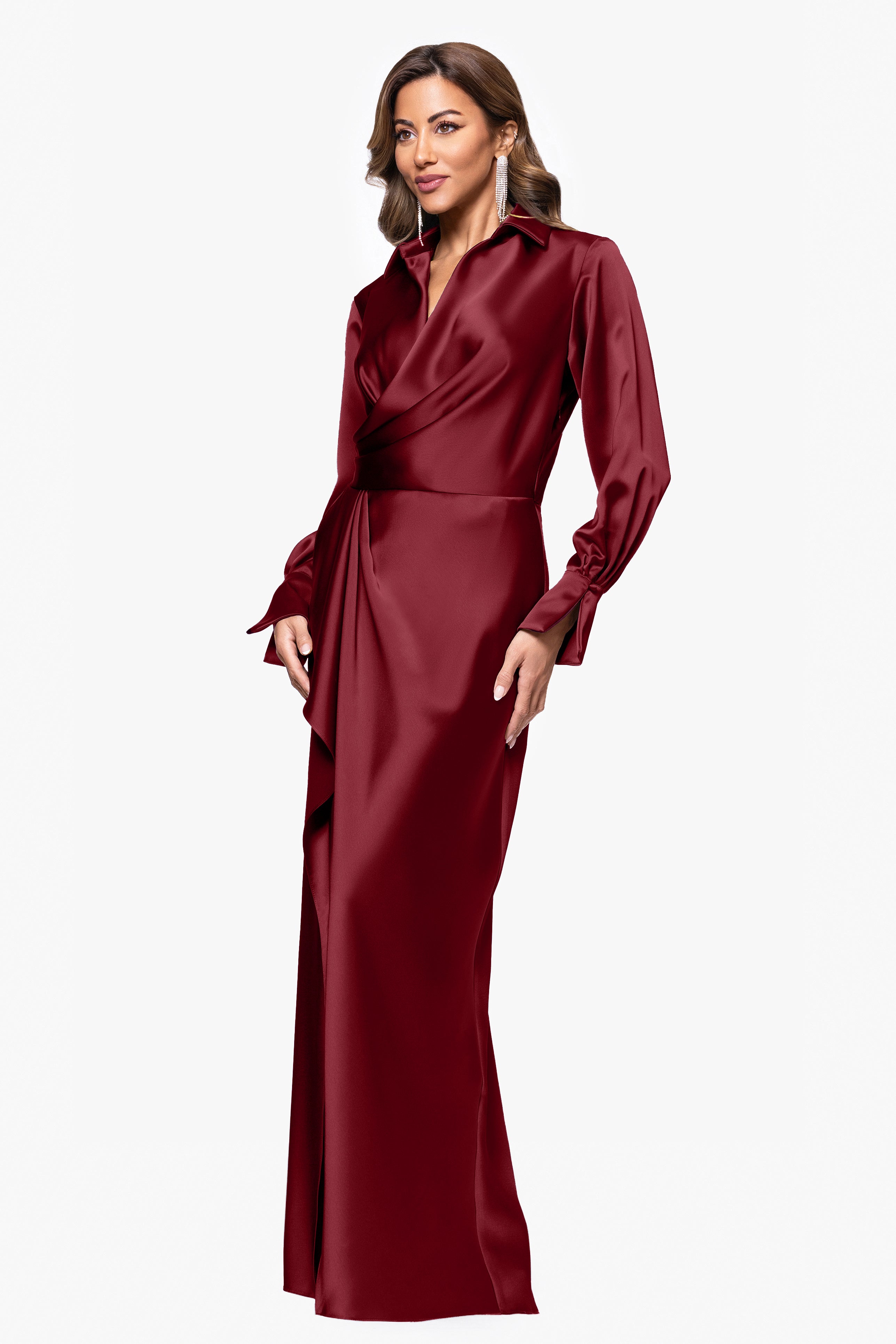 "Emery" Long Satin Long Sleeve Collared Dress
