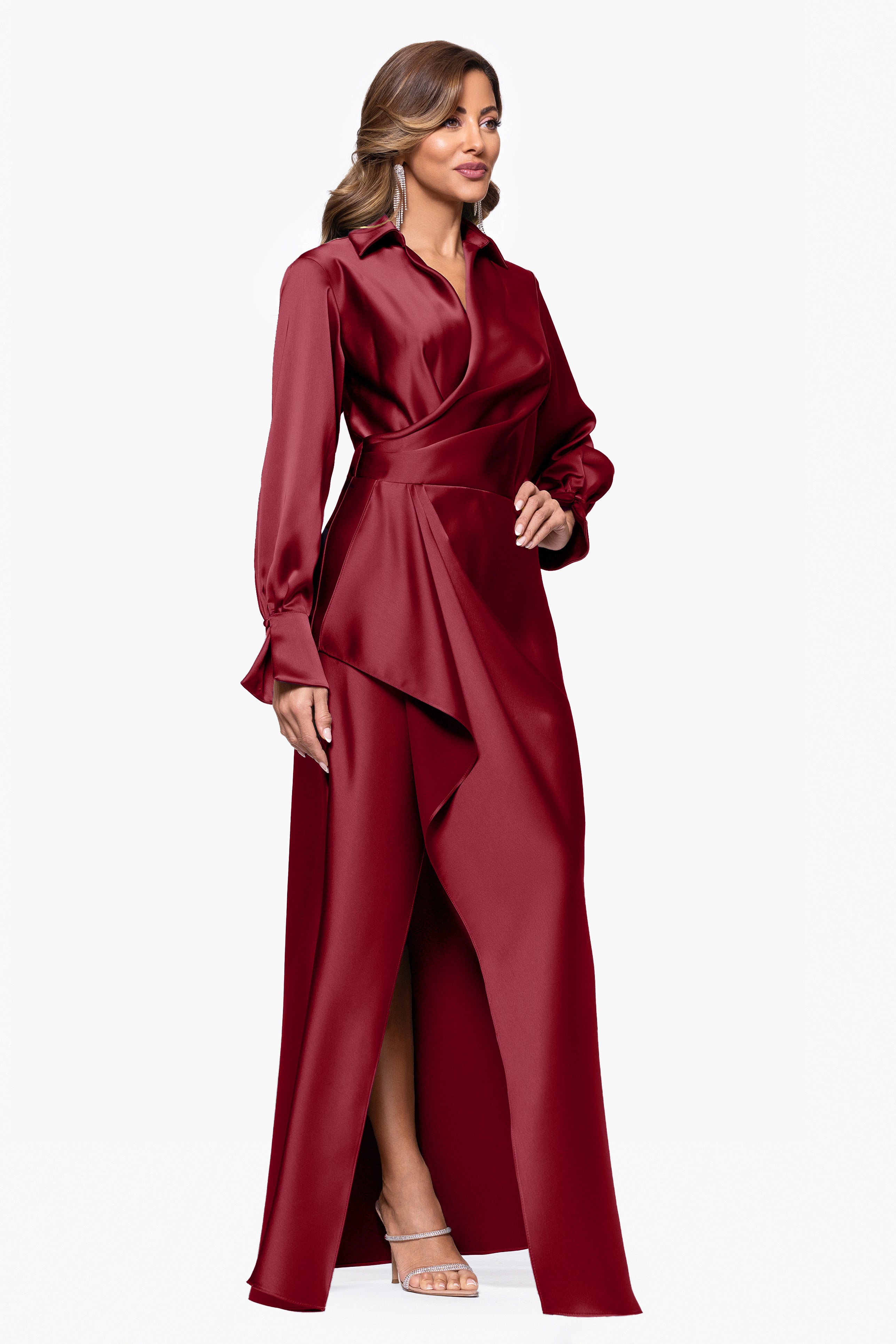 "Emery" Long Satin Long Sleeve Collared Dress
