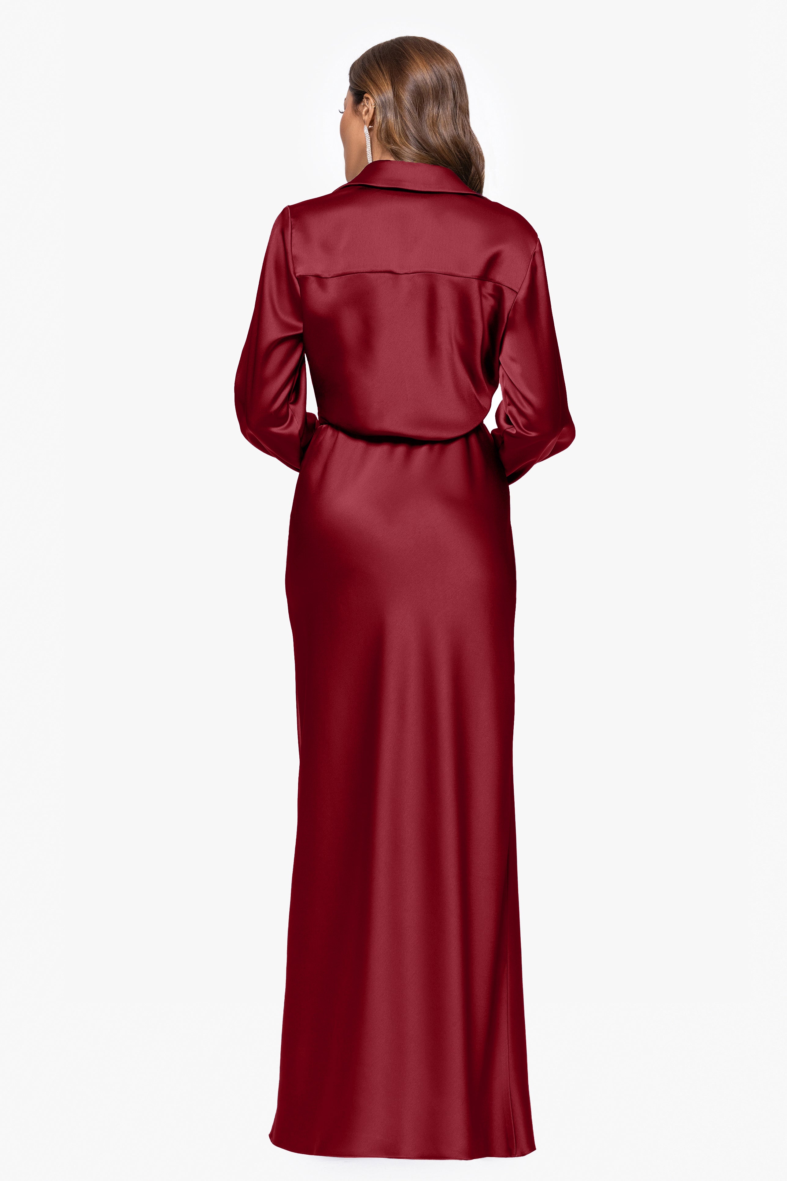 "Emery" Long Satin Long Sleeve Collared Dress