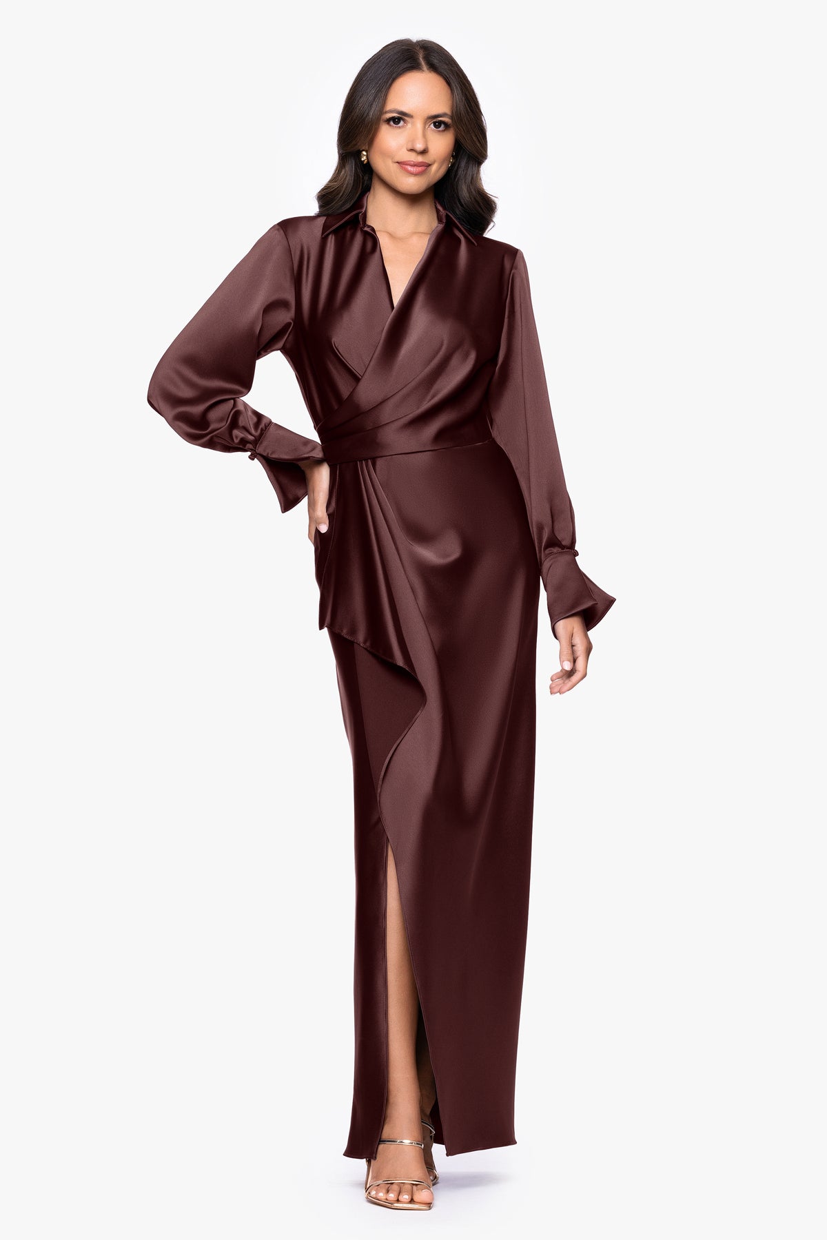 Petite "Emery" Satin Long Sleeve Collared Dress