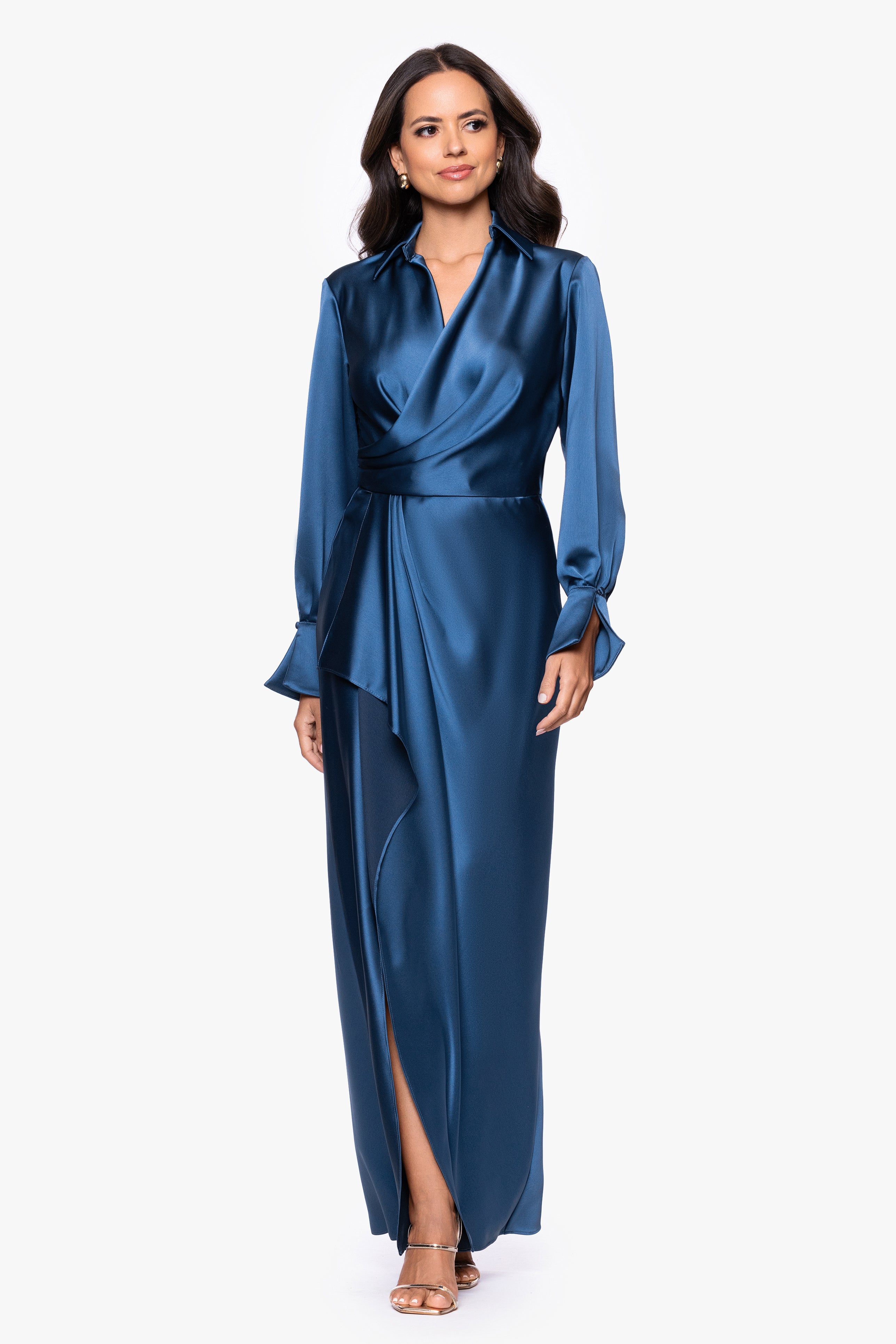"Emery" Long Satin Long Sleeve Collared Dress