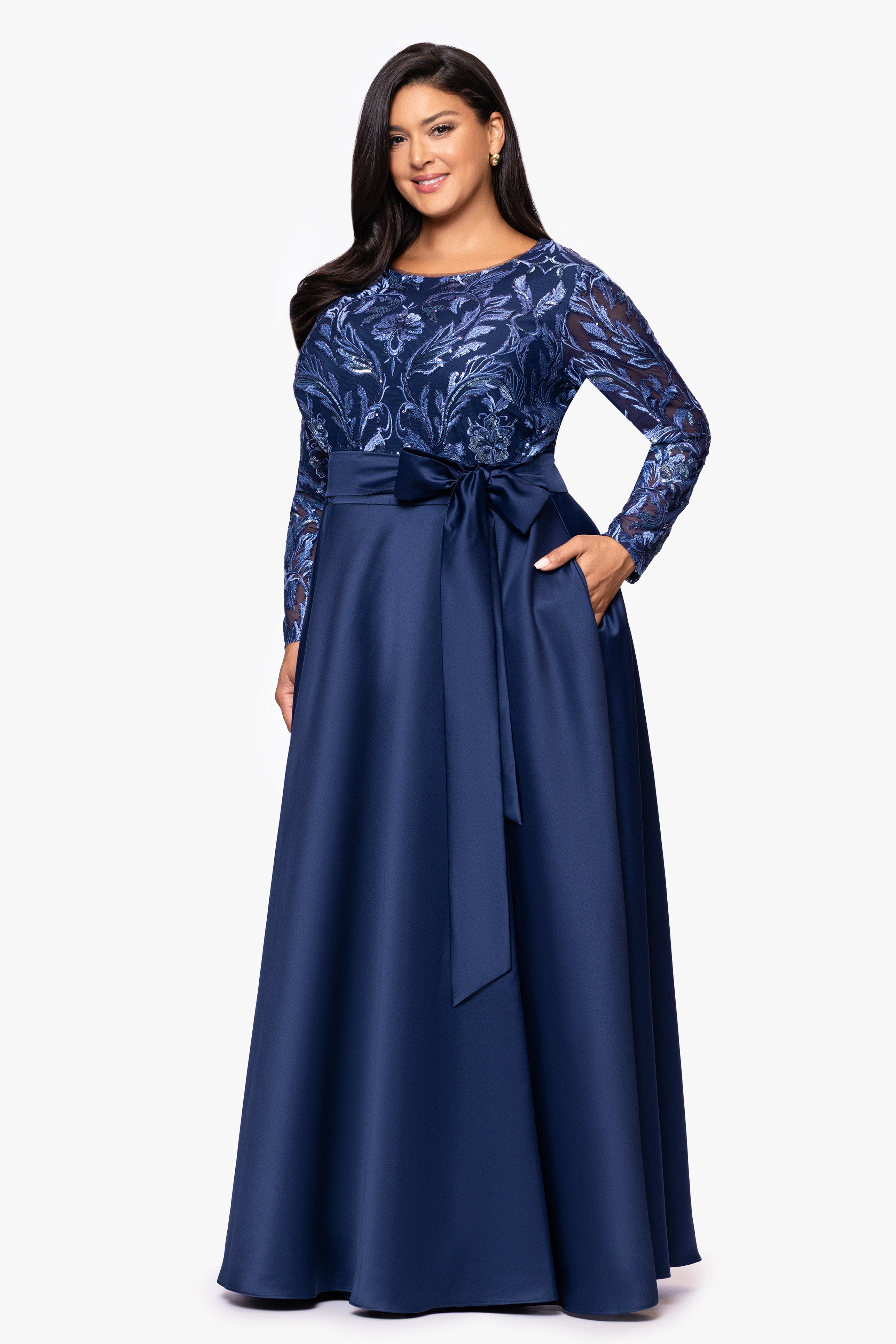 Plus "Victoria" Sequin Bodice and Satin Skirt Long Sleeve Floor Length Dress