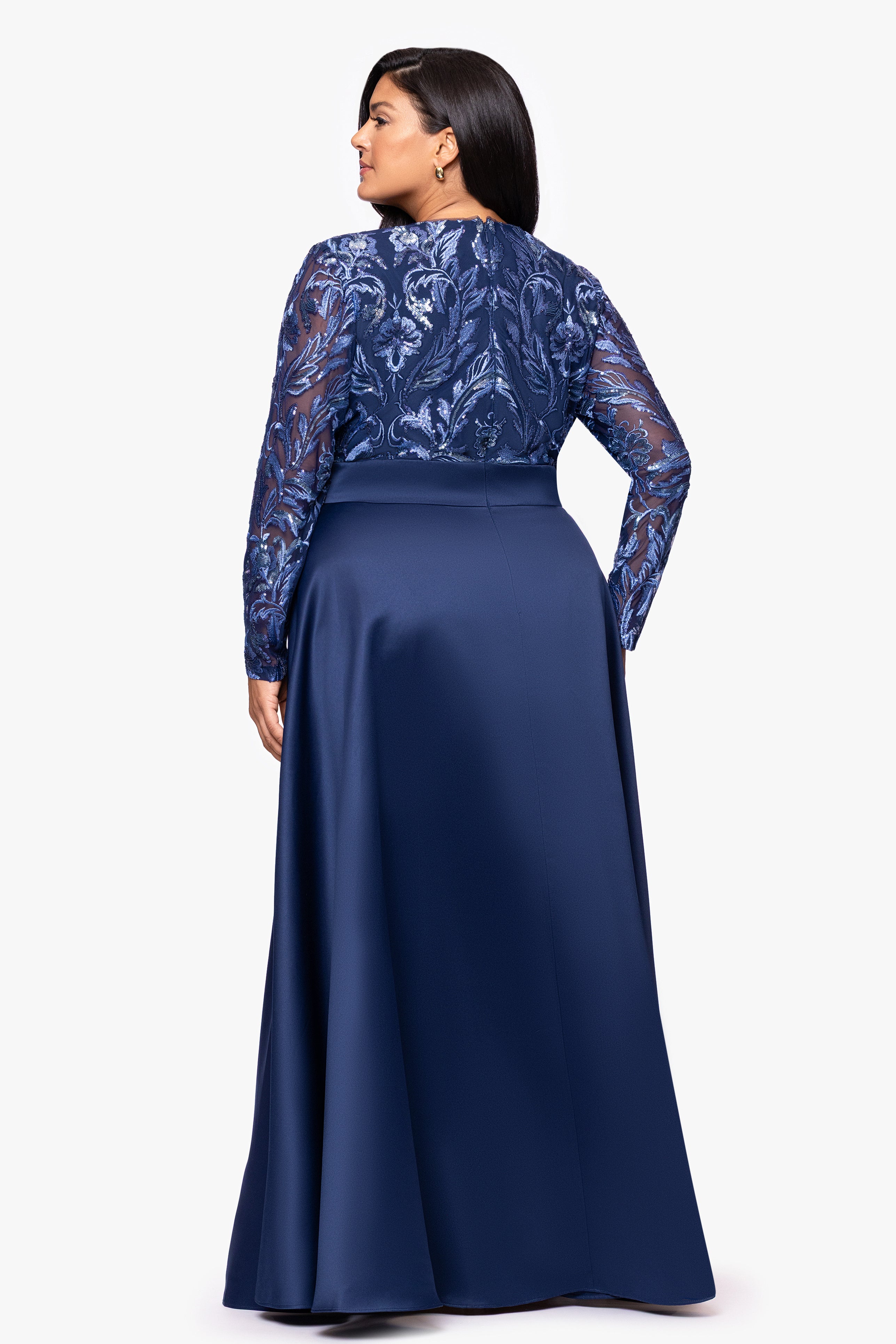 Plus "Victoria" Sequin Bodice and Satin Skirt Long Sleeve Floor Length Dress