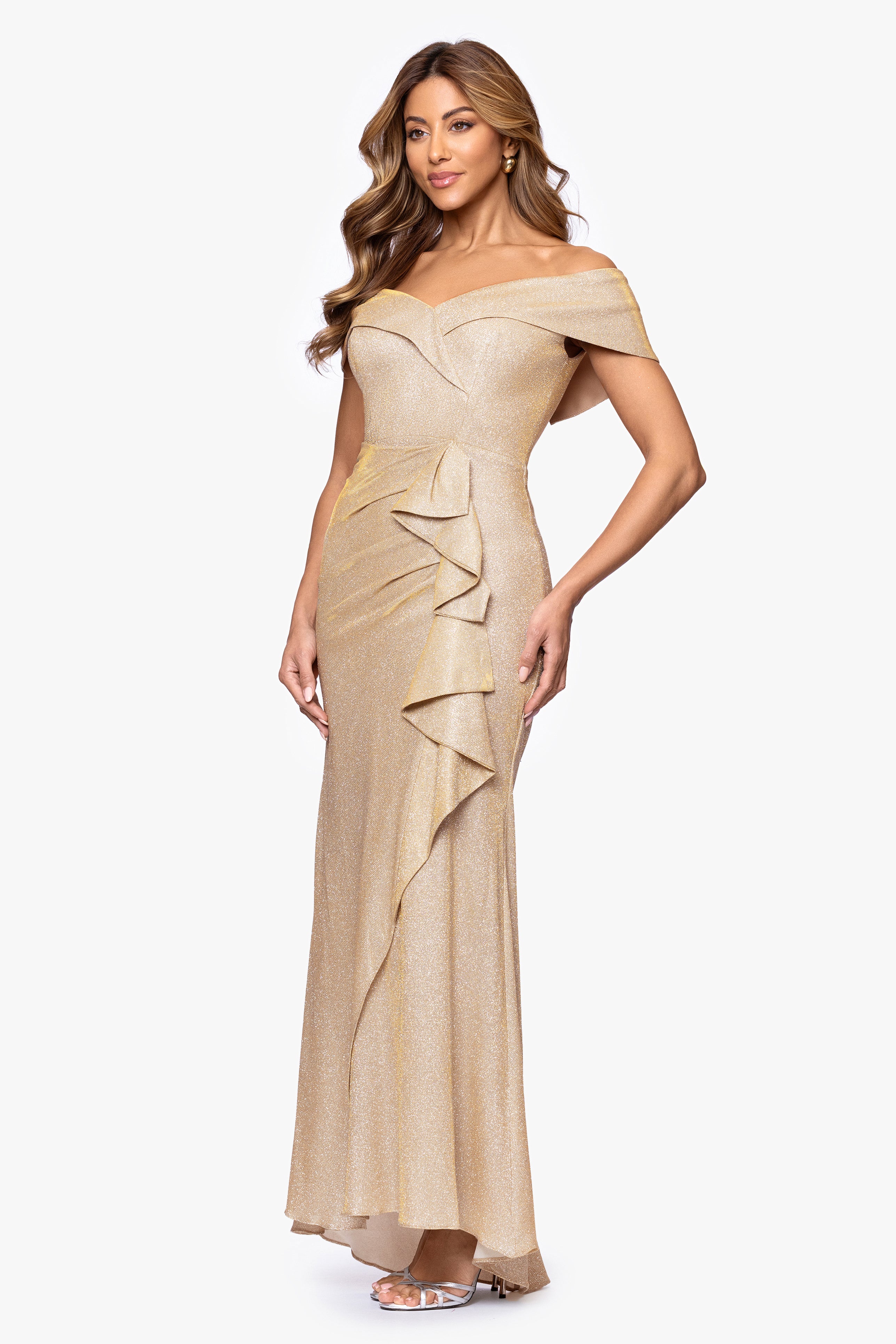 "Raveena" Long Foil Knit Off the Shoulder Floor Length Ruffle Dress