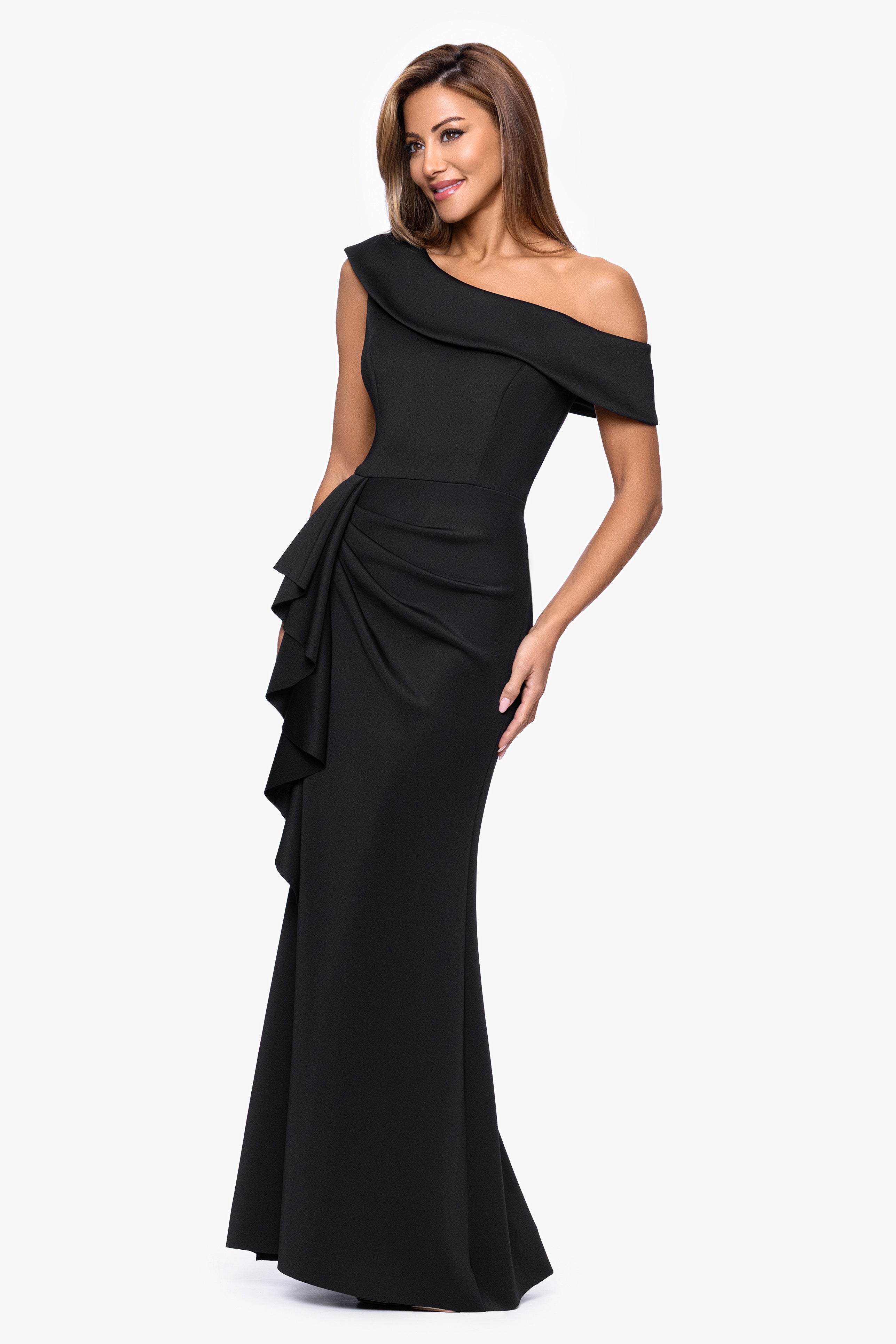 "Valerie" Techno Scuba Off the Shoulder Ruffle Floor Length Dress