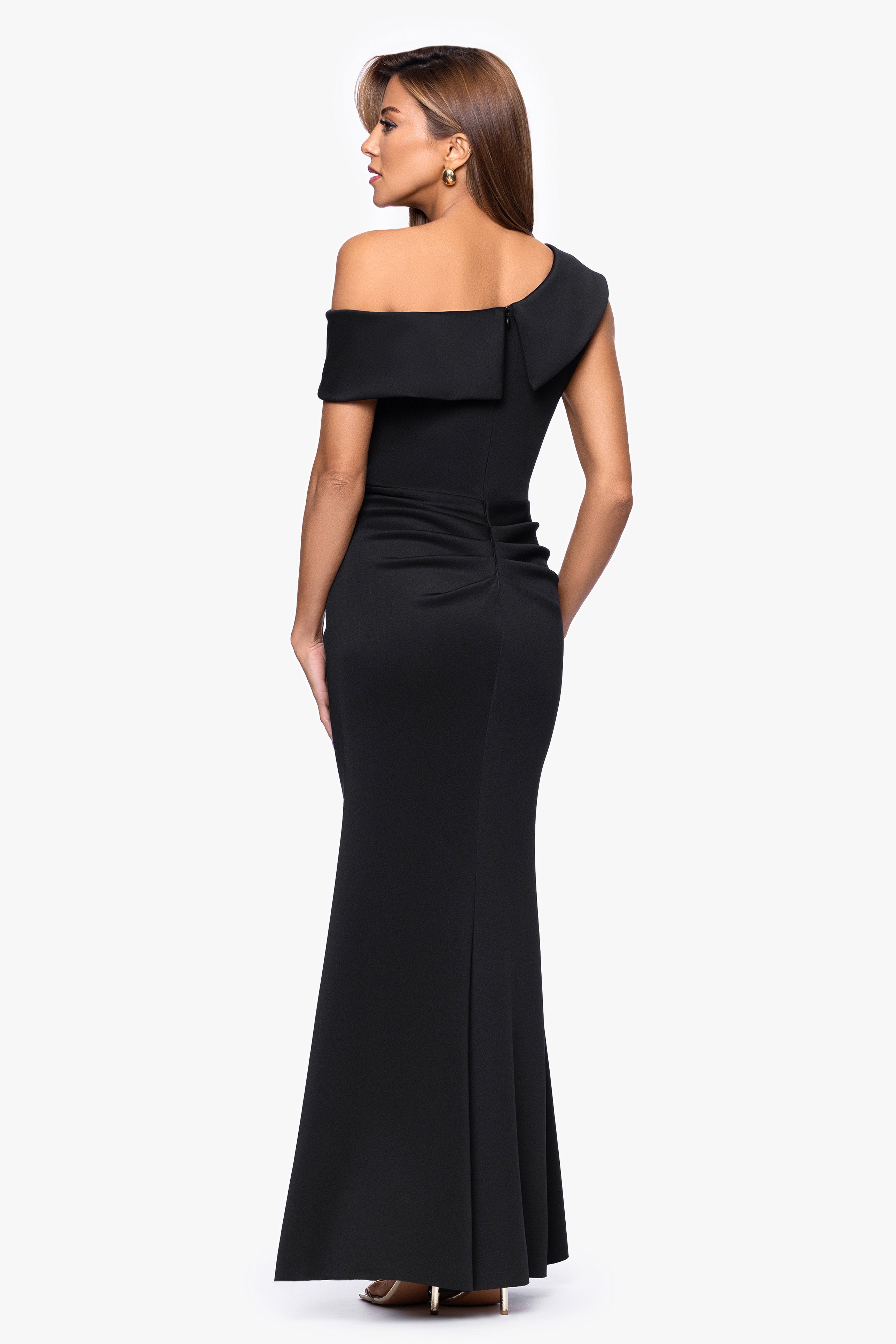 "Valerie" Techno Scuba Off the Shoulder Ruffle Floor Length Dress