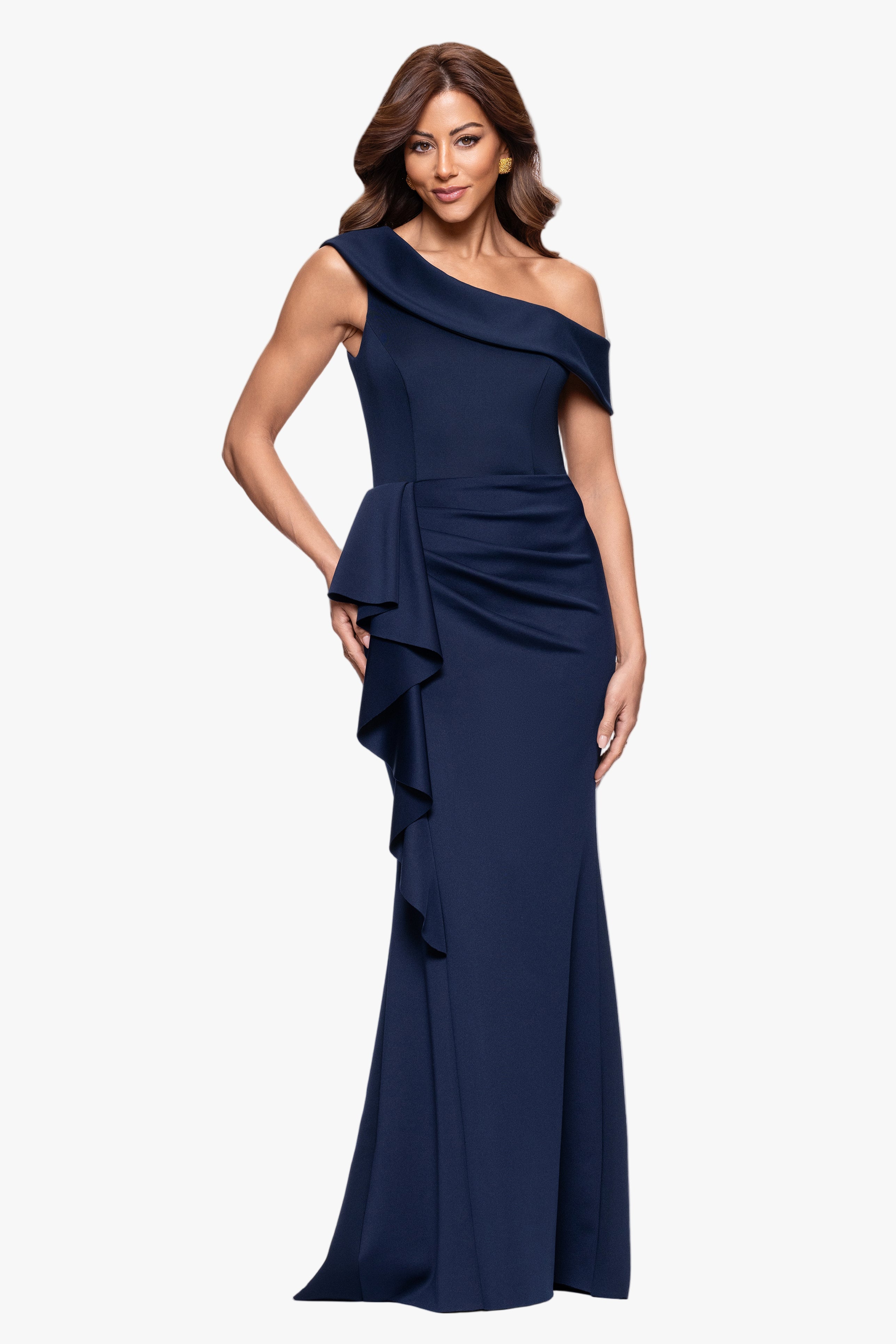"Valerie" Techno Scuba Off the Shoulder Ruffle Floor Length Dress