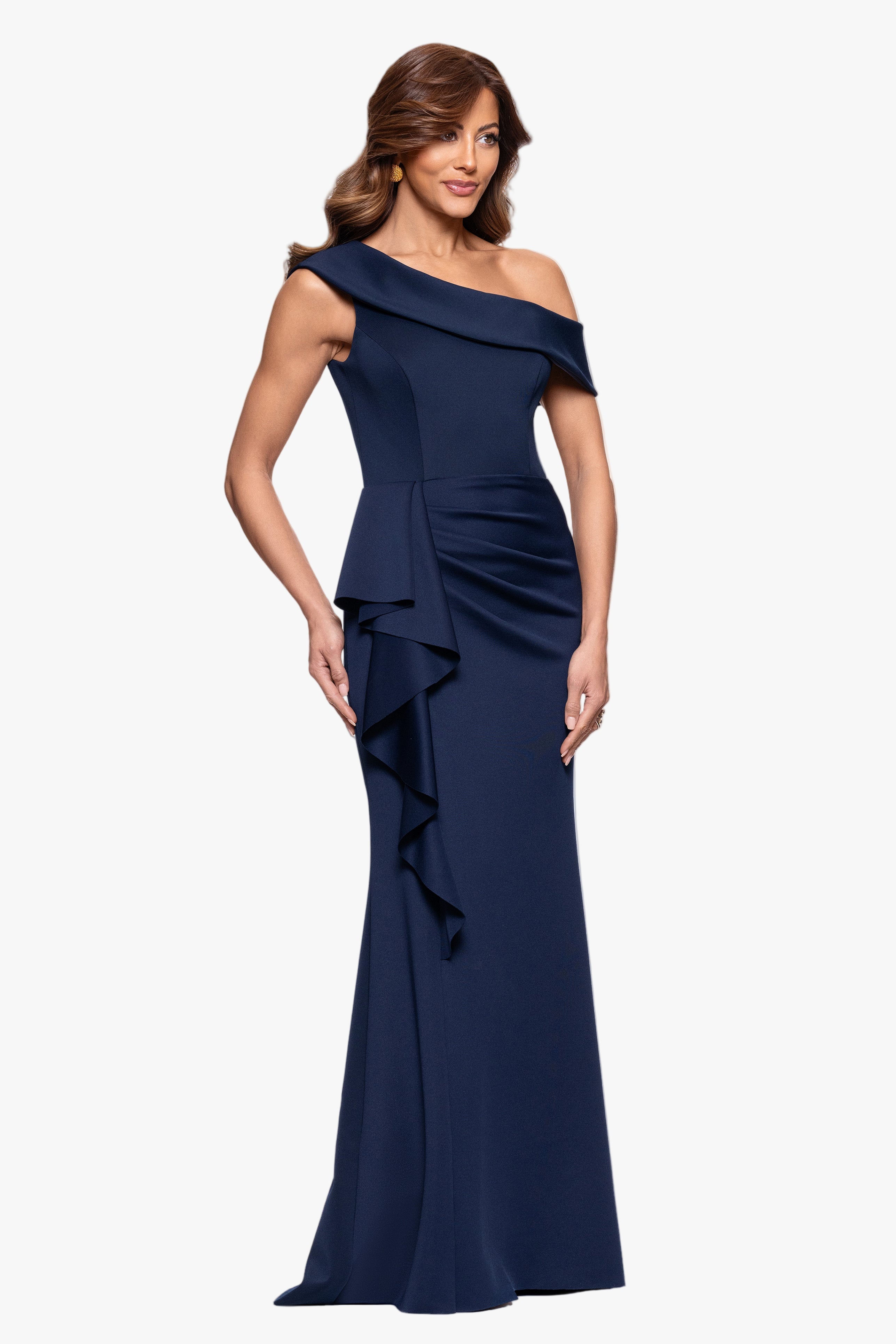 Petite "Valerie" Techno Scuba Off the Shoulder Ruffle Floor Length Dress