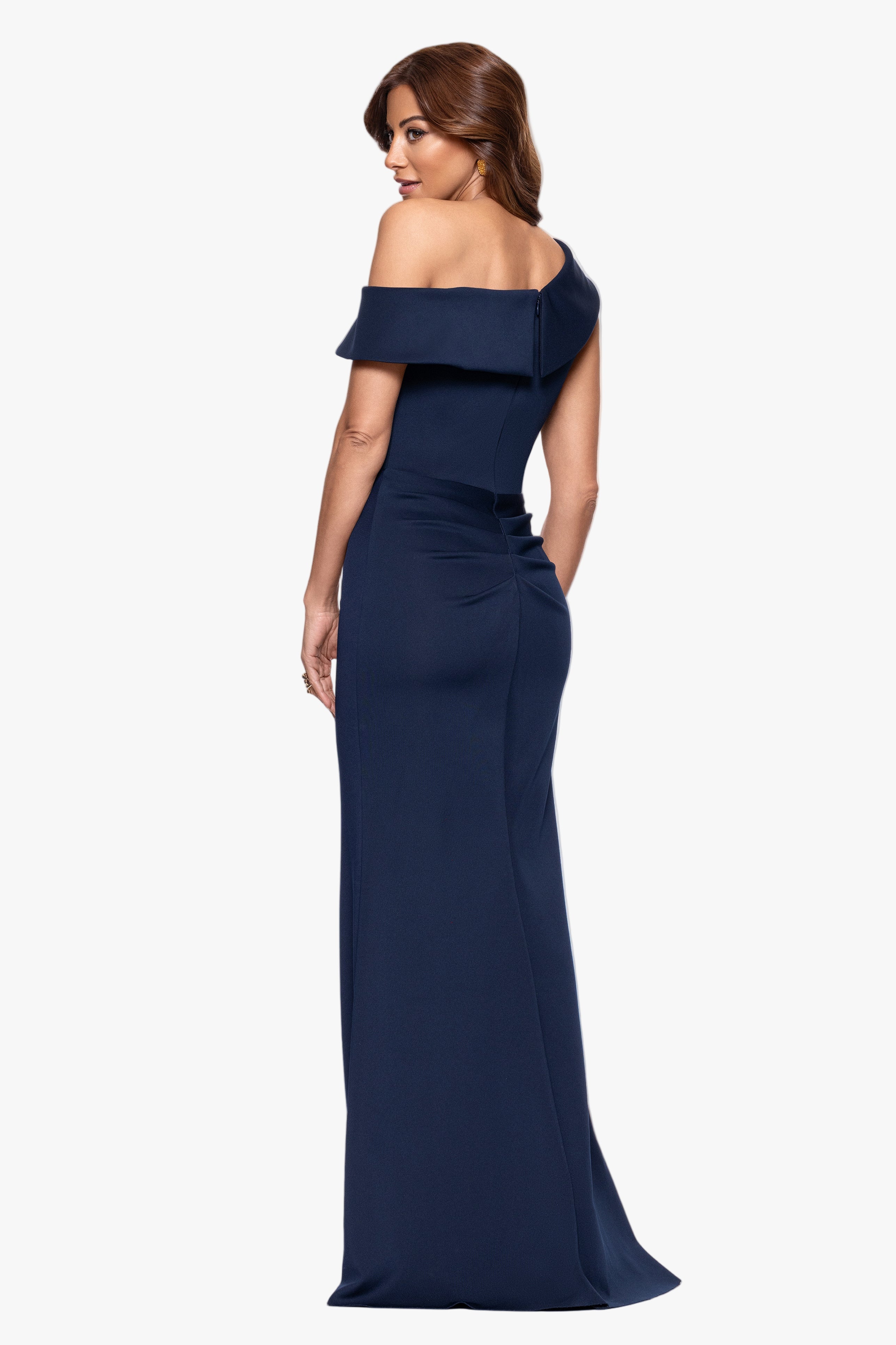 Petite "Valerie" Techno Scuba Off the Shoulder Ruffle Floor Length Dress