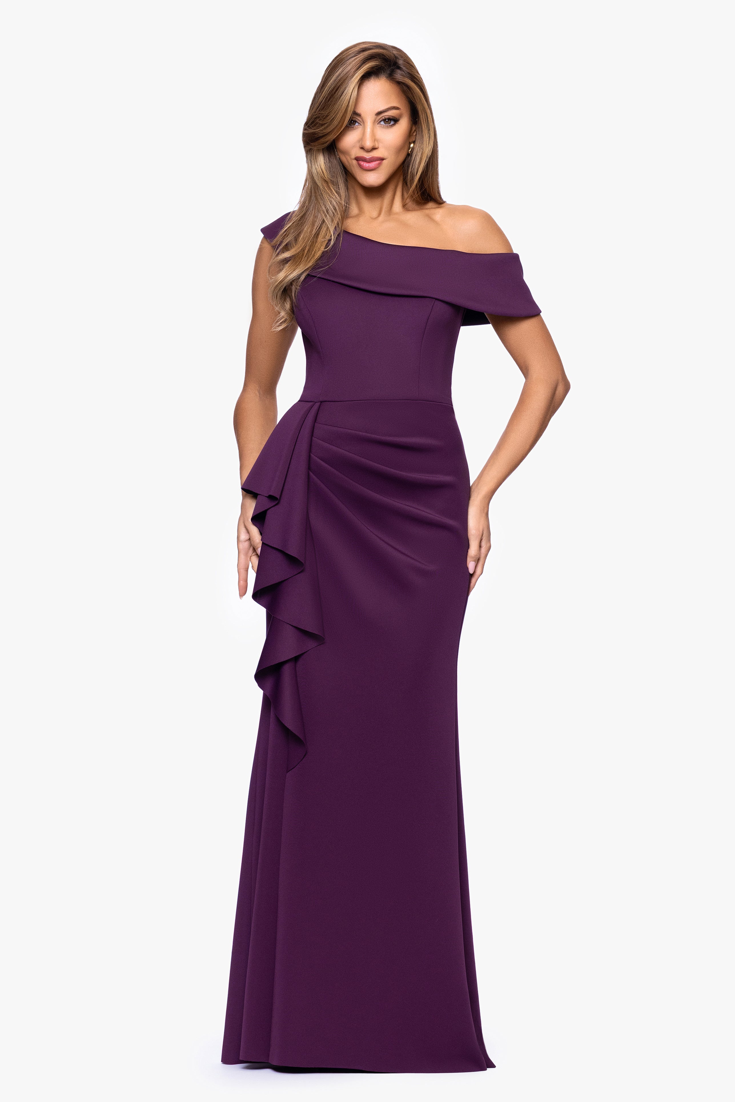 Petite "Valerie" Techno Scuba Off the Shoulder Ruffle Floor Length Dress