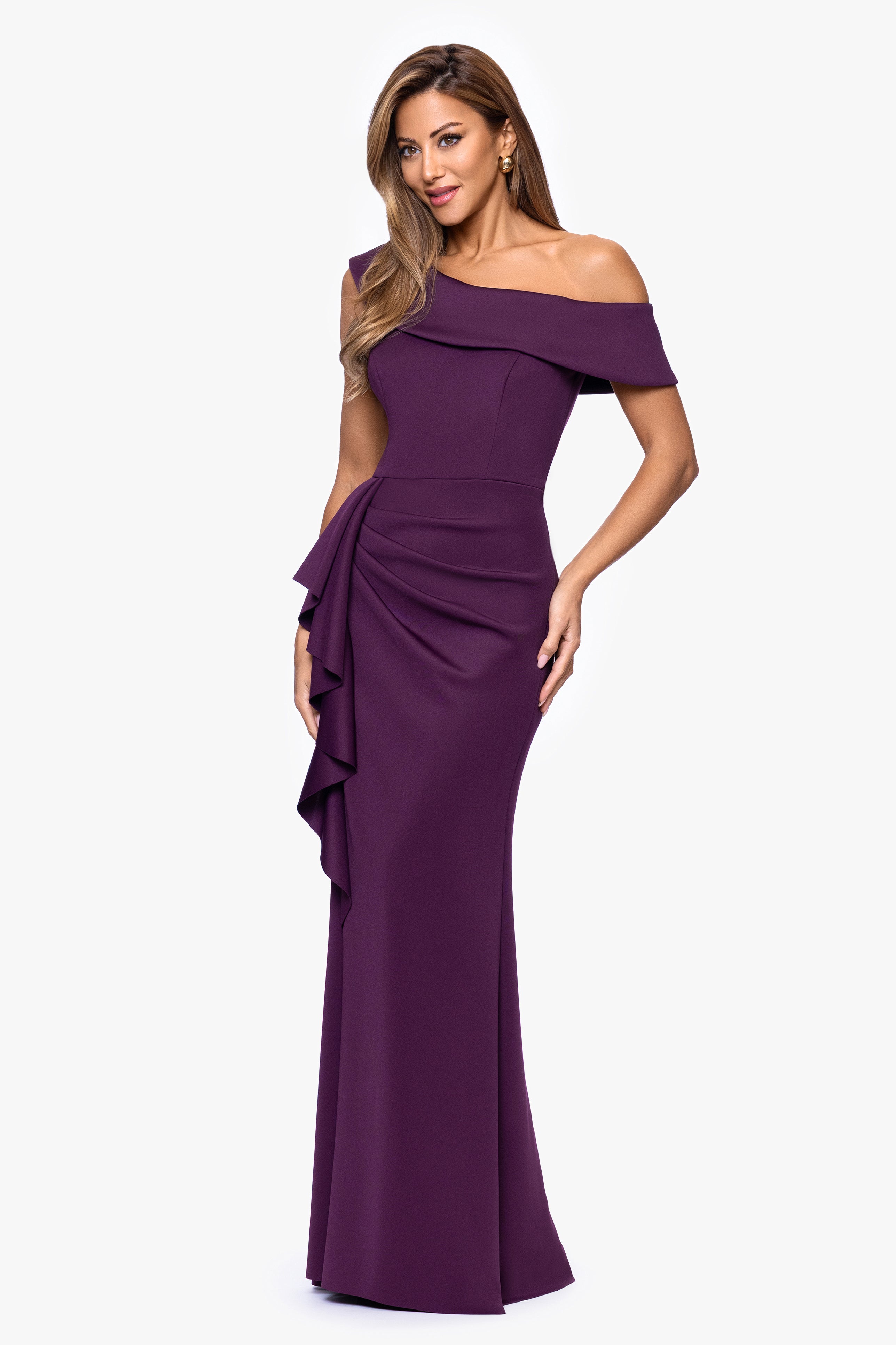 Petite "Valerie" Techno Scuba Off the Shoulder Ruffle Floor Length Dress