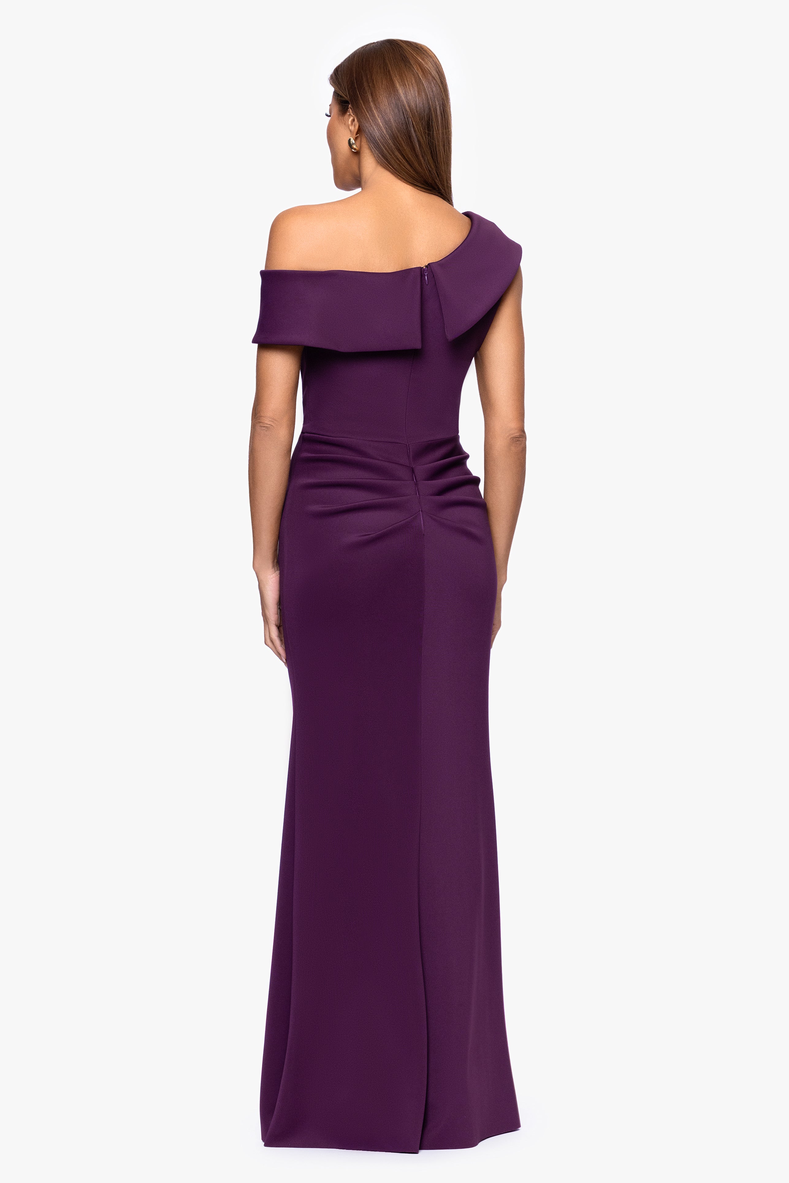 Petite "Valerie" Techno Scuba Off the Shoulder Ruffle Floor Length Dress