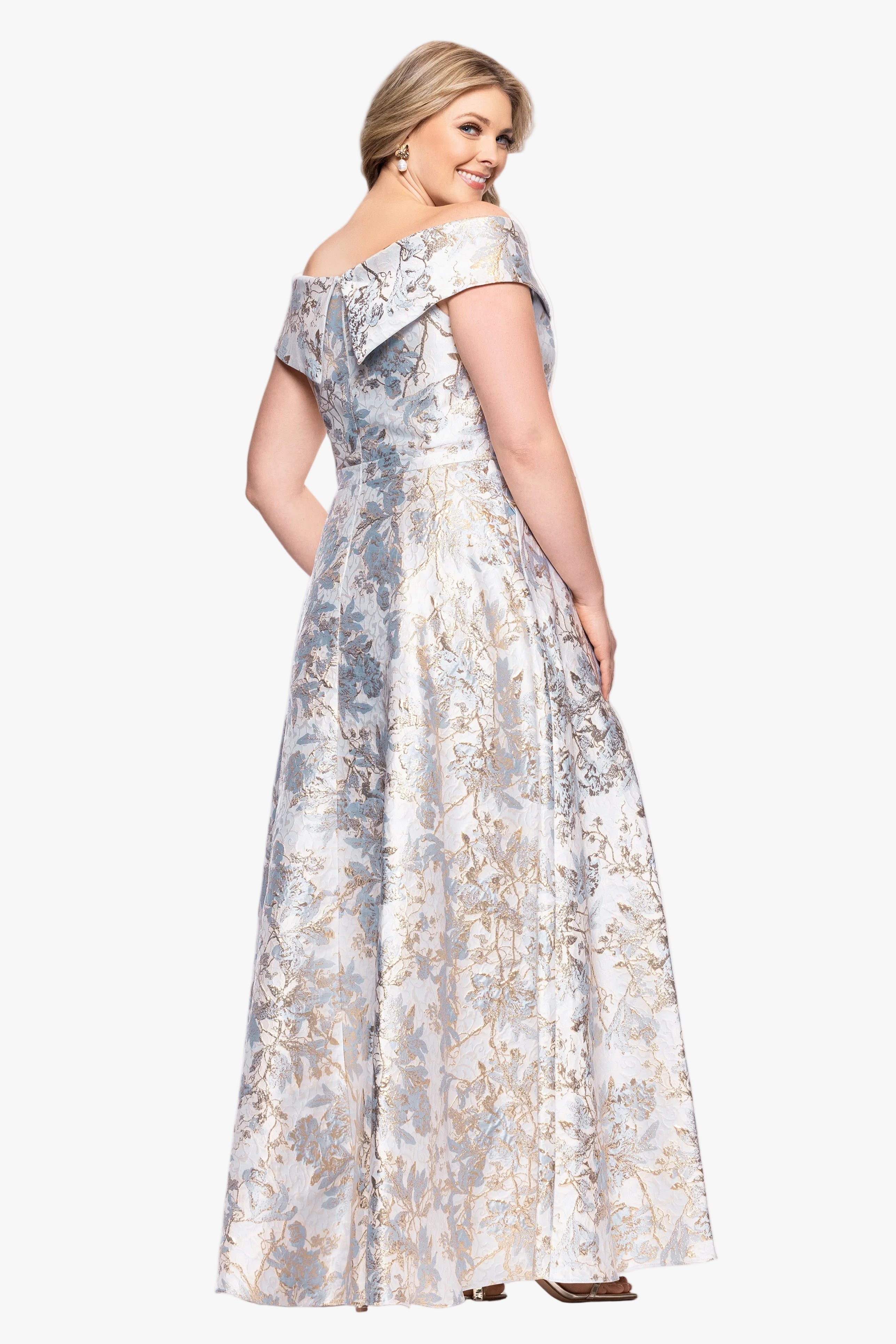 Plus "Melissa" Brocade Off the Should V-Neck Ballgown