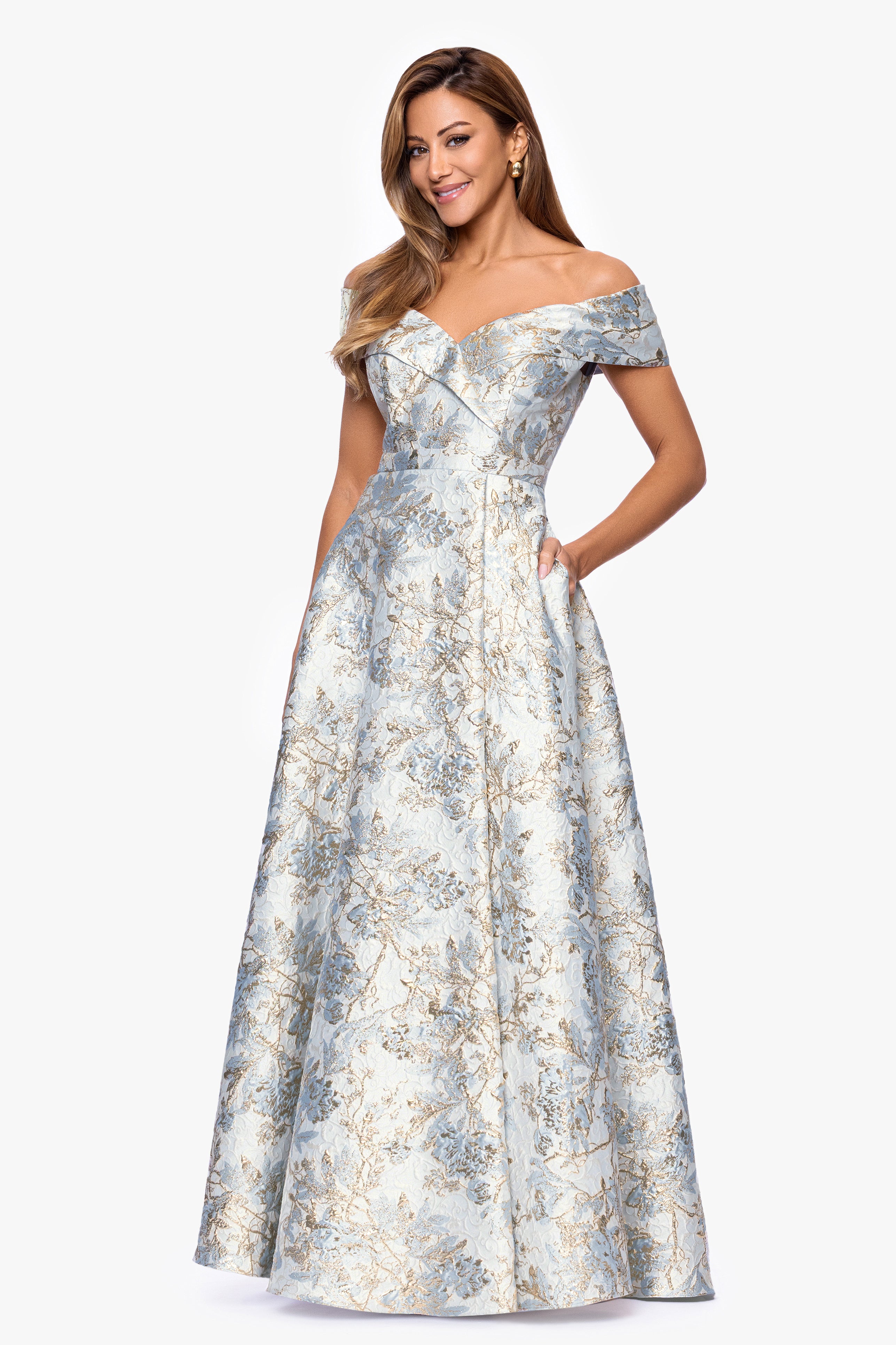 "Melissa" Brocade Off the Should V-Neck Ballgown