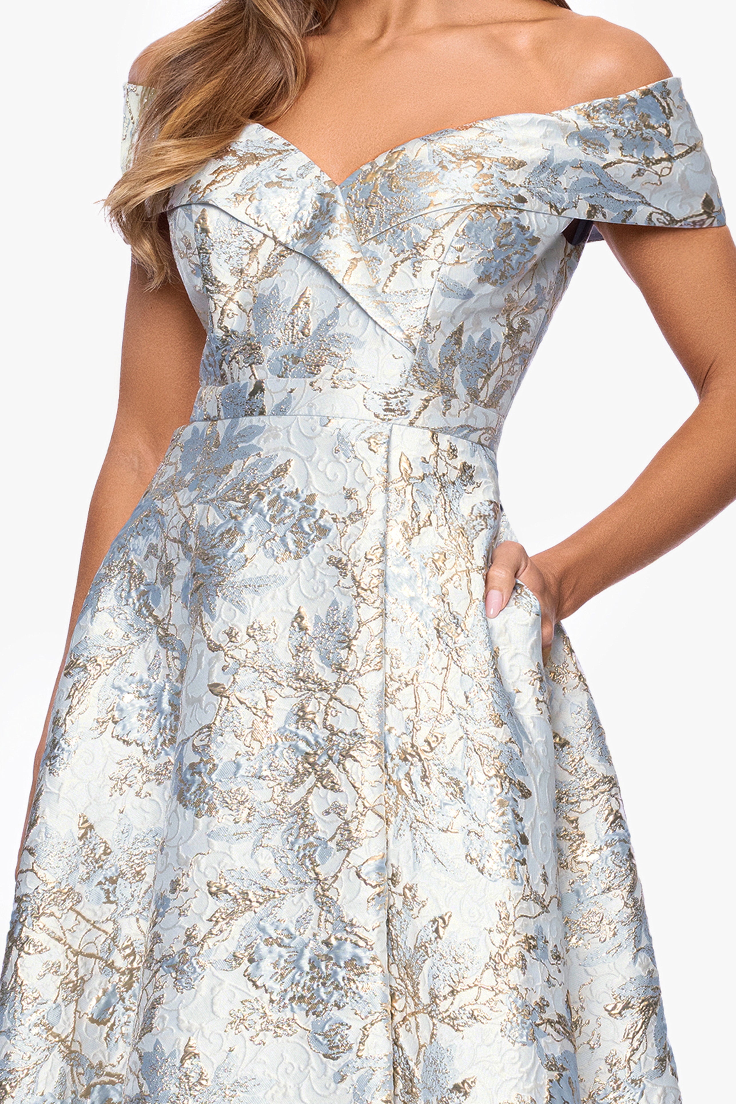 Petite "Melissa" Brocade Off the Should V-Neck Ballgown