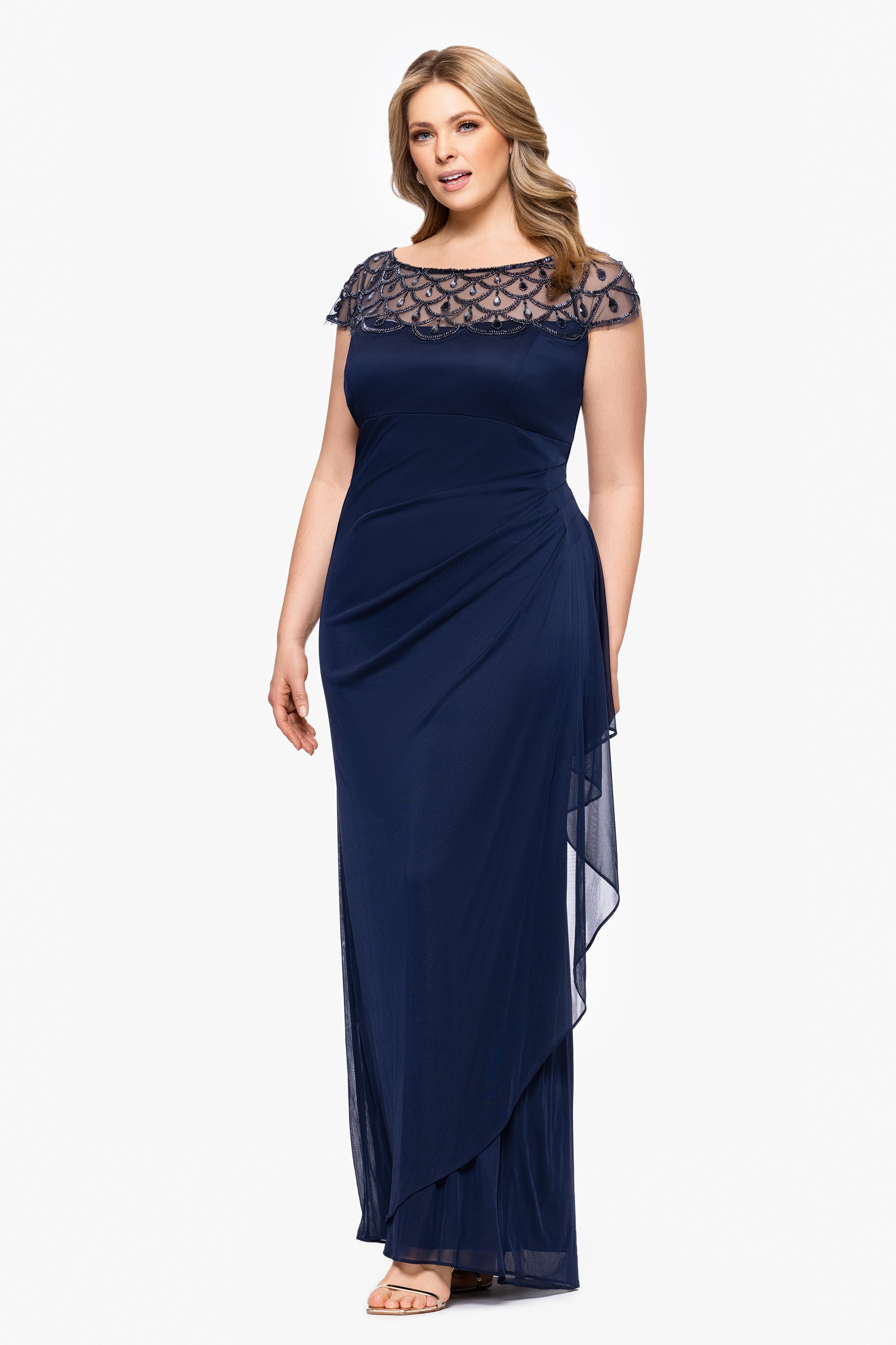 Plus "Khloe" Sheer Matter Jersey Embellished Ruffle Dress