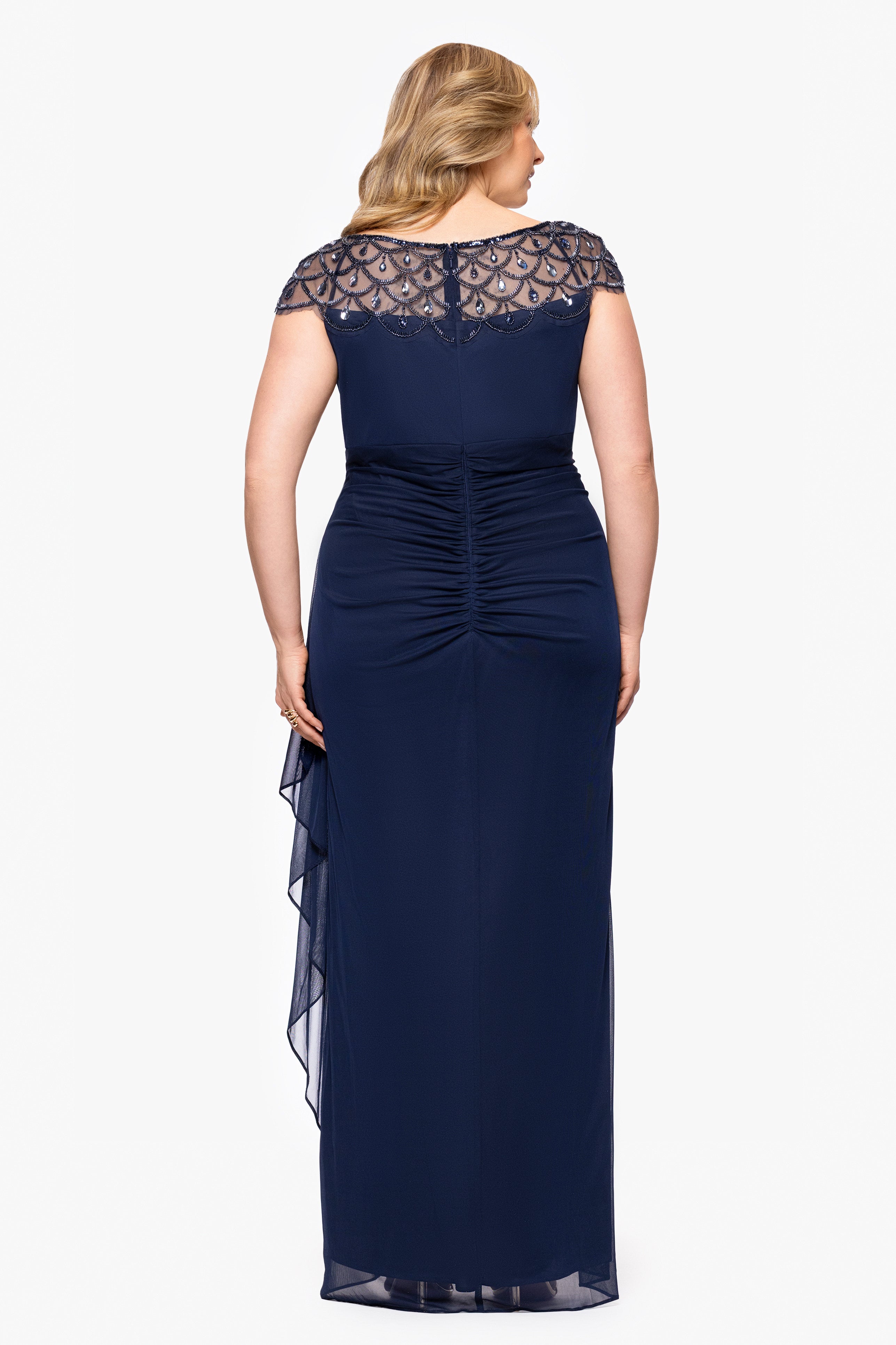 Plus "Khloe" Sheer Matter Jersey Embellished Ruffle Dress