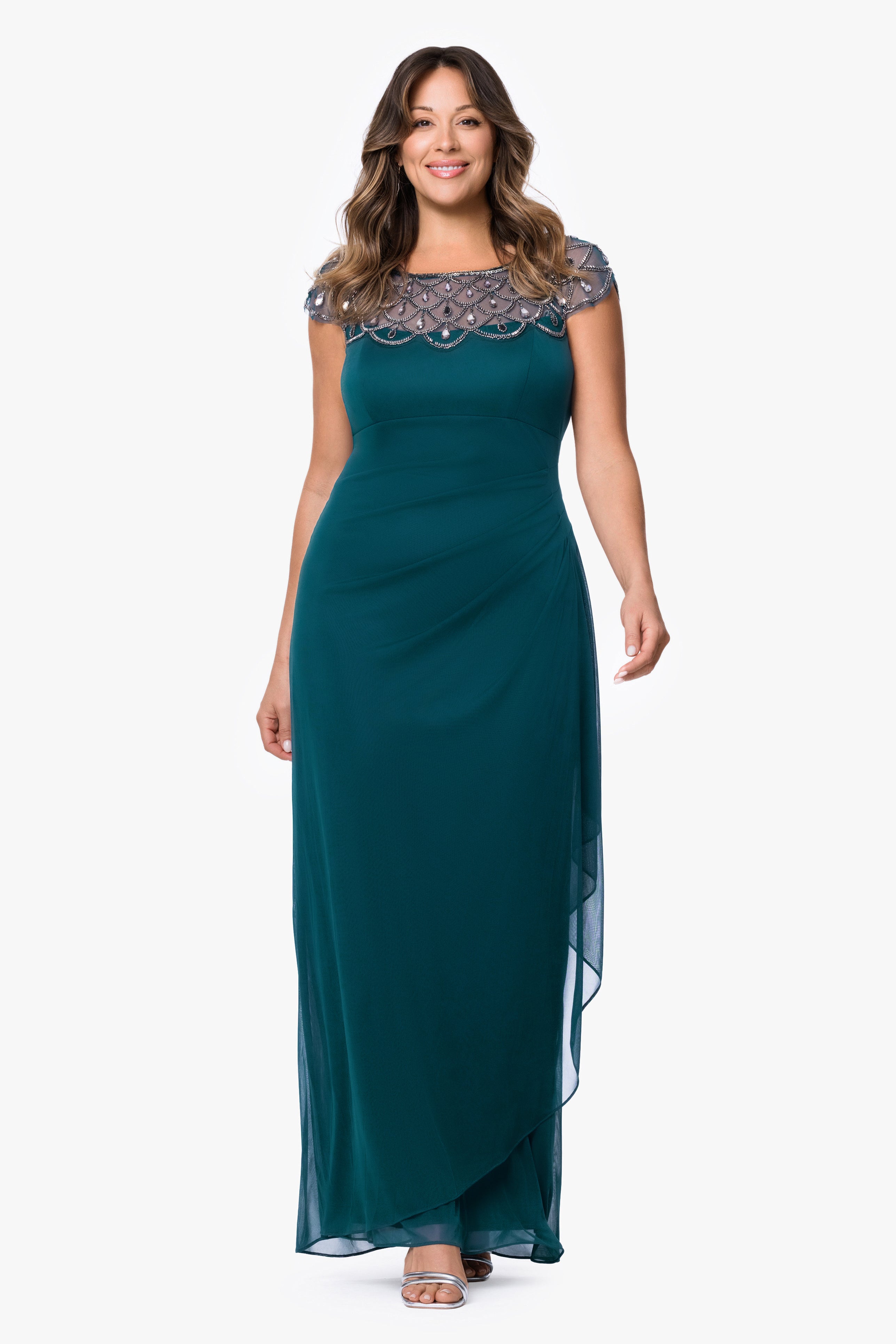 Plus "Khloe" Sheer Matter Jersey Embellished Ruffle Dress