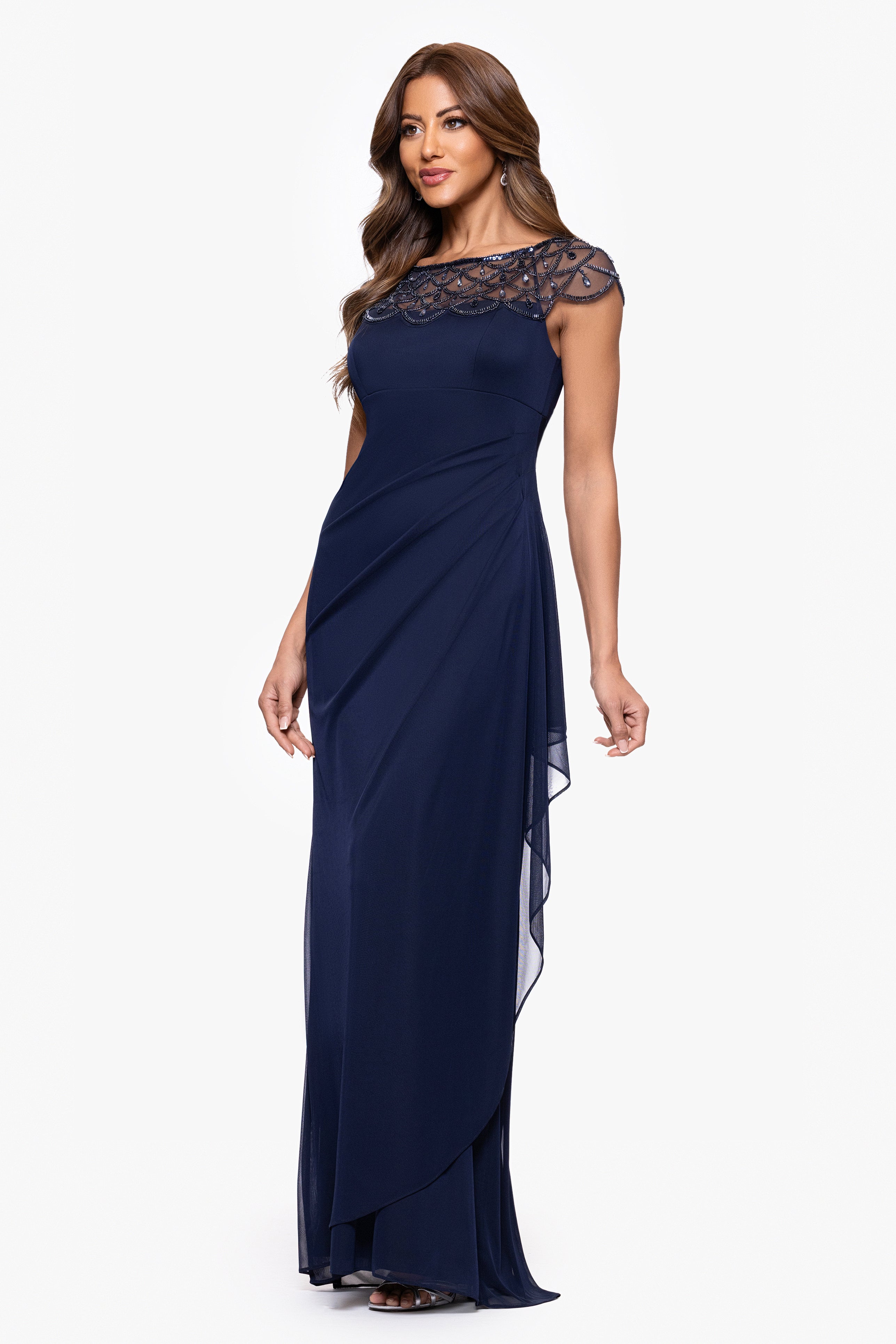 Petite "Khloe" Sheer Matter Jersey Embellished Ruffle Dress