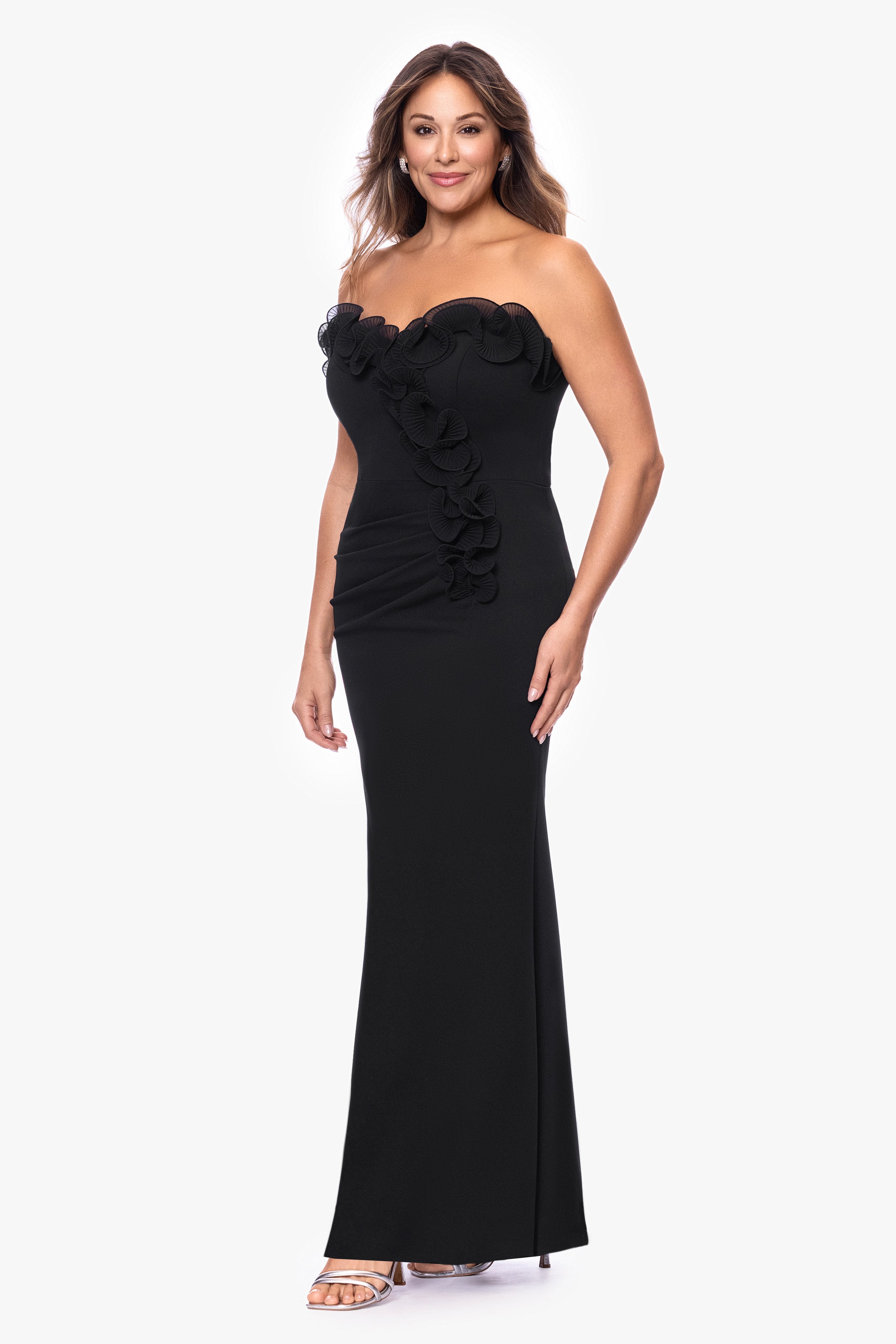 Plus "Kimberly" Scuba Crepe Chiffon Ruffle Strapless Floor Length Dress