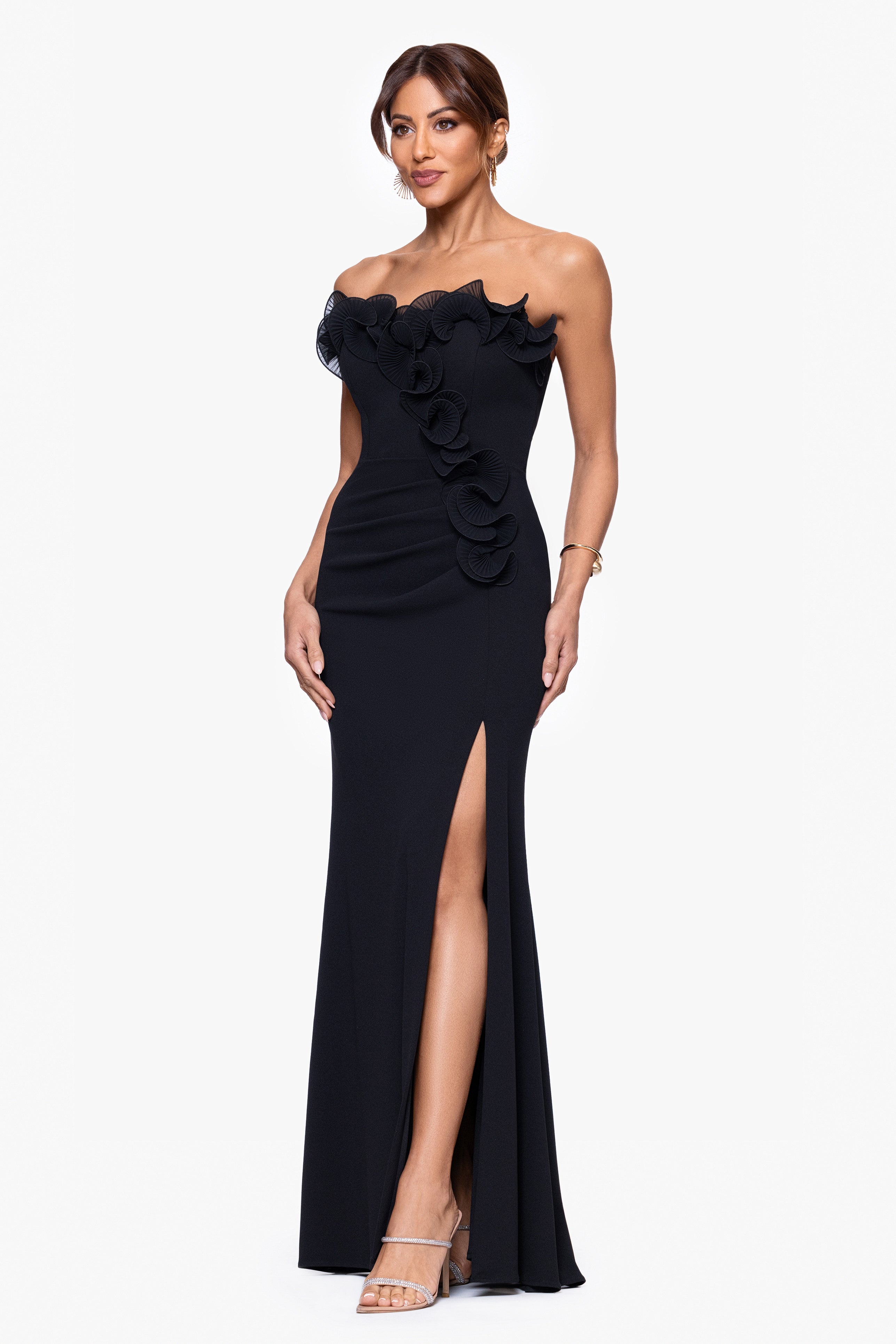 Petite "Kimberly" Scuba Crepe Chiffon Ruffle Strapless Floor Length Dress
