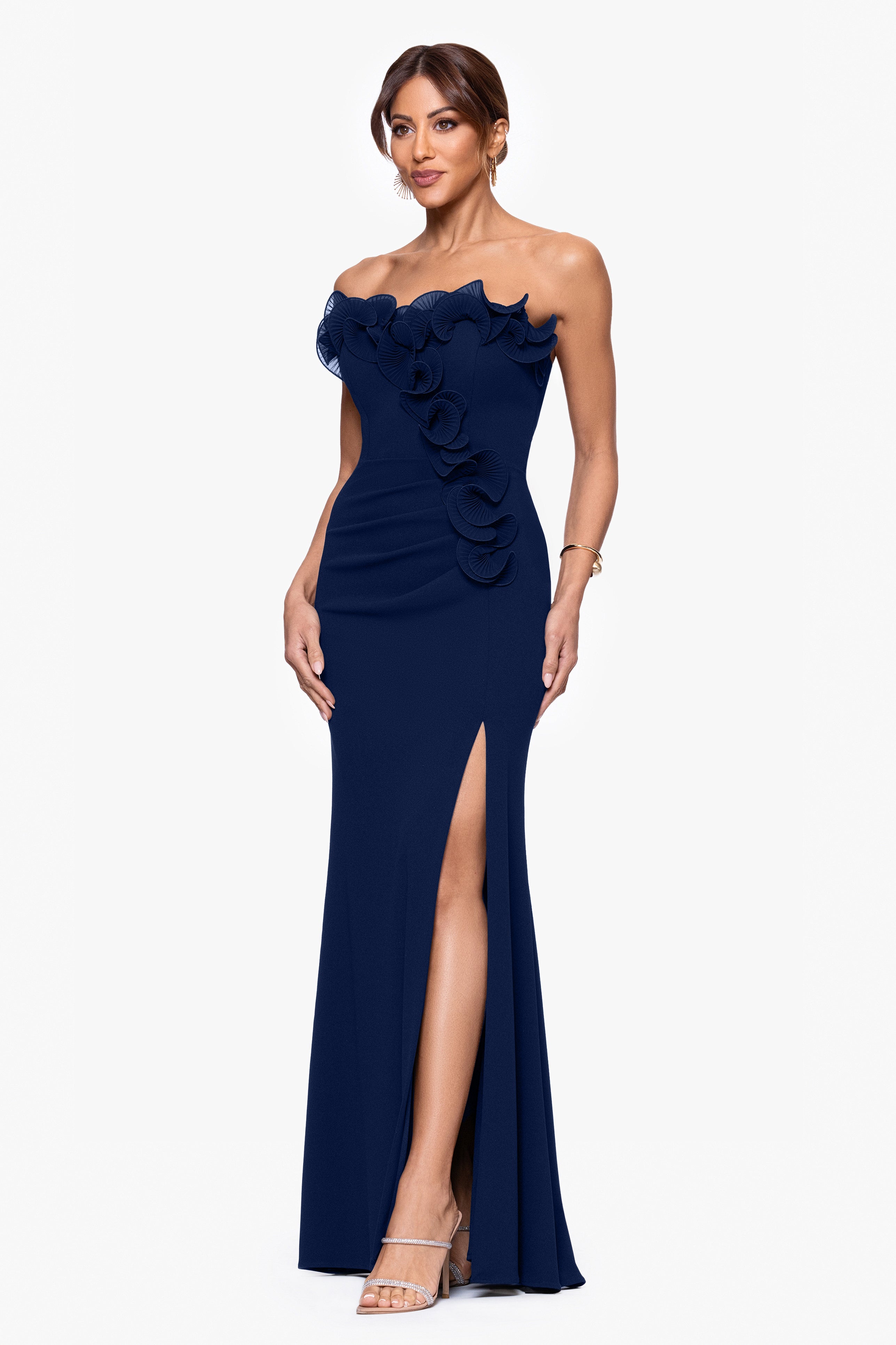 "Kimberly" Scuba Crepe Chiffon Ruffle Strapless Dress