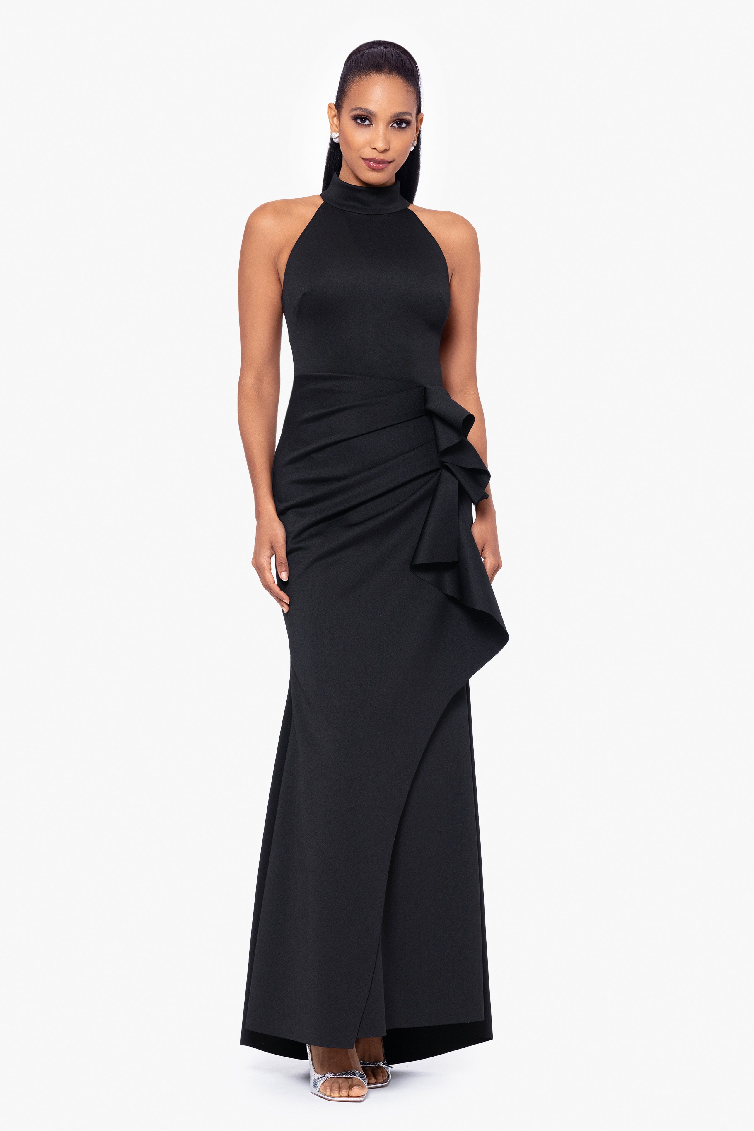 "Eden" Techno Scuba Mock Neck Ruffle Dress