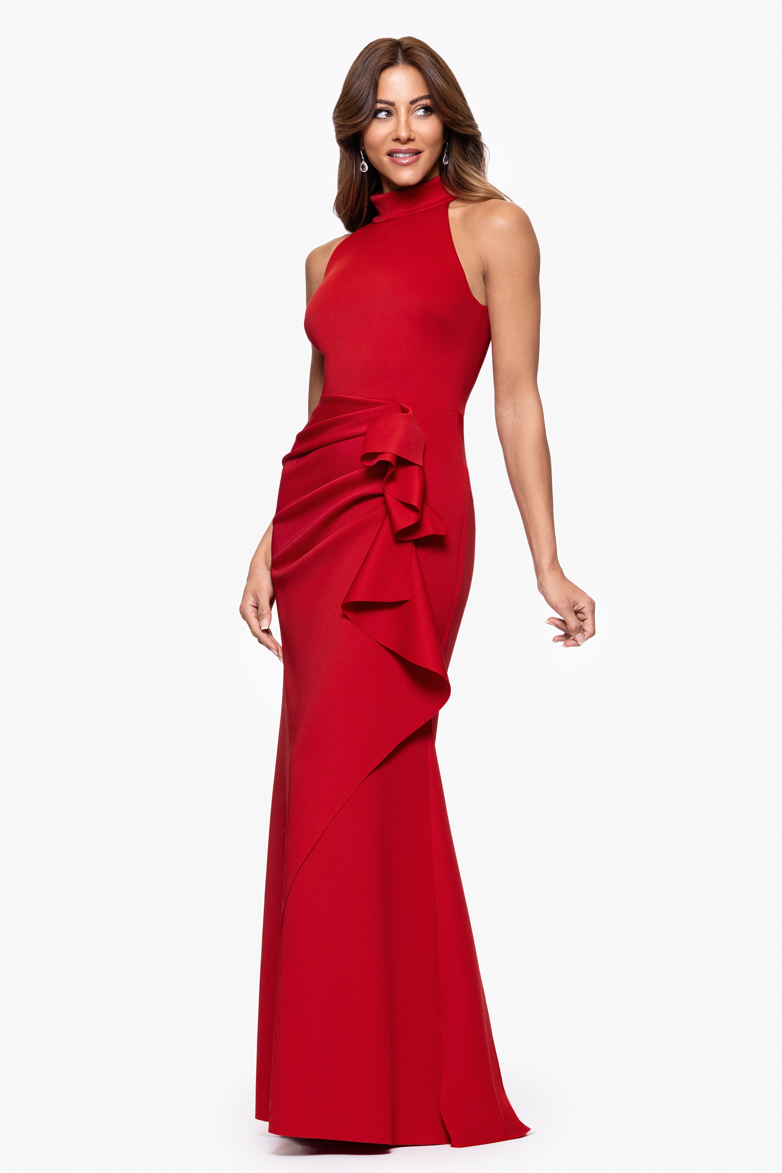 "Eden" Techno Scuba Mock Neck Ruffle Dress