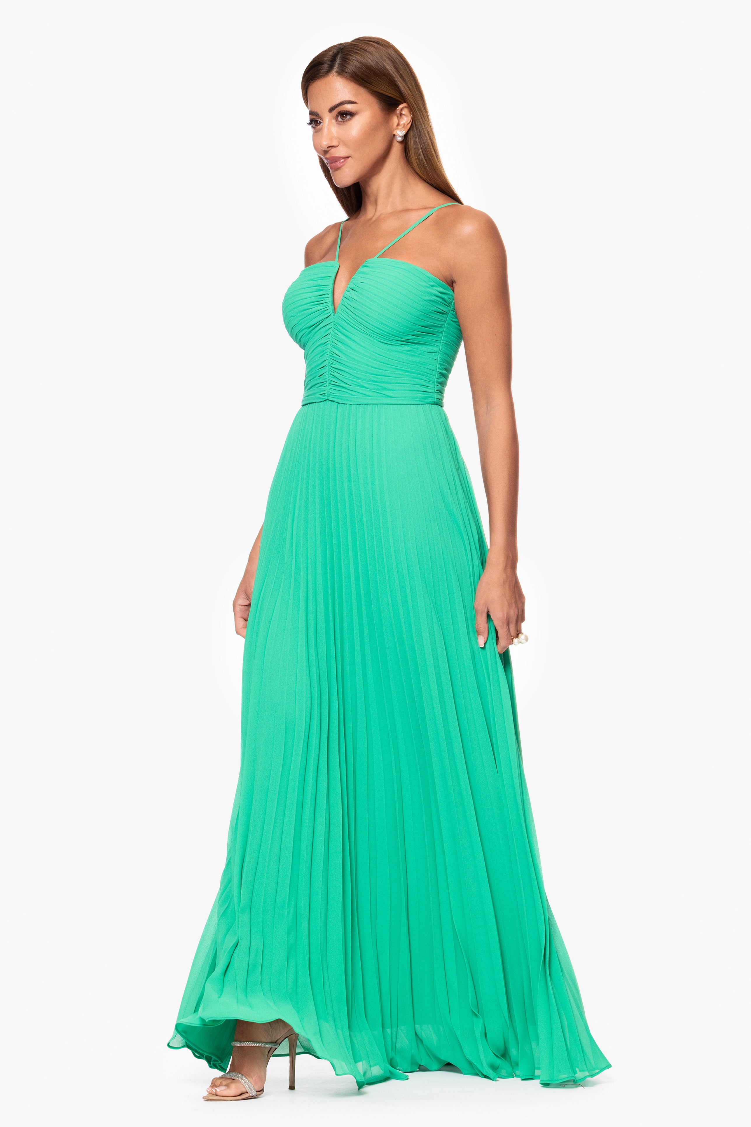 Petite "Kaia" Chiffon Pleated Floor Length Dress