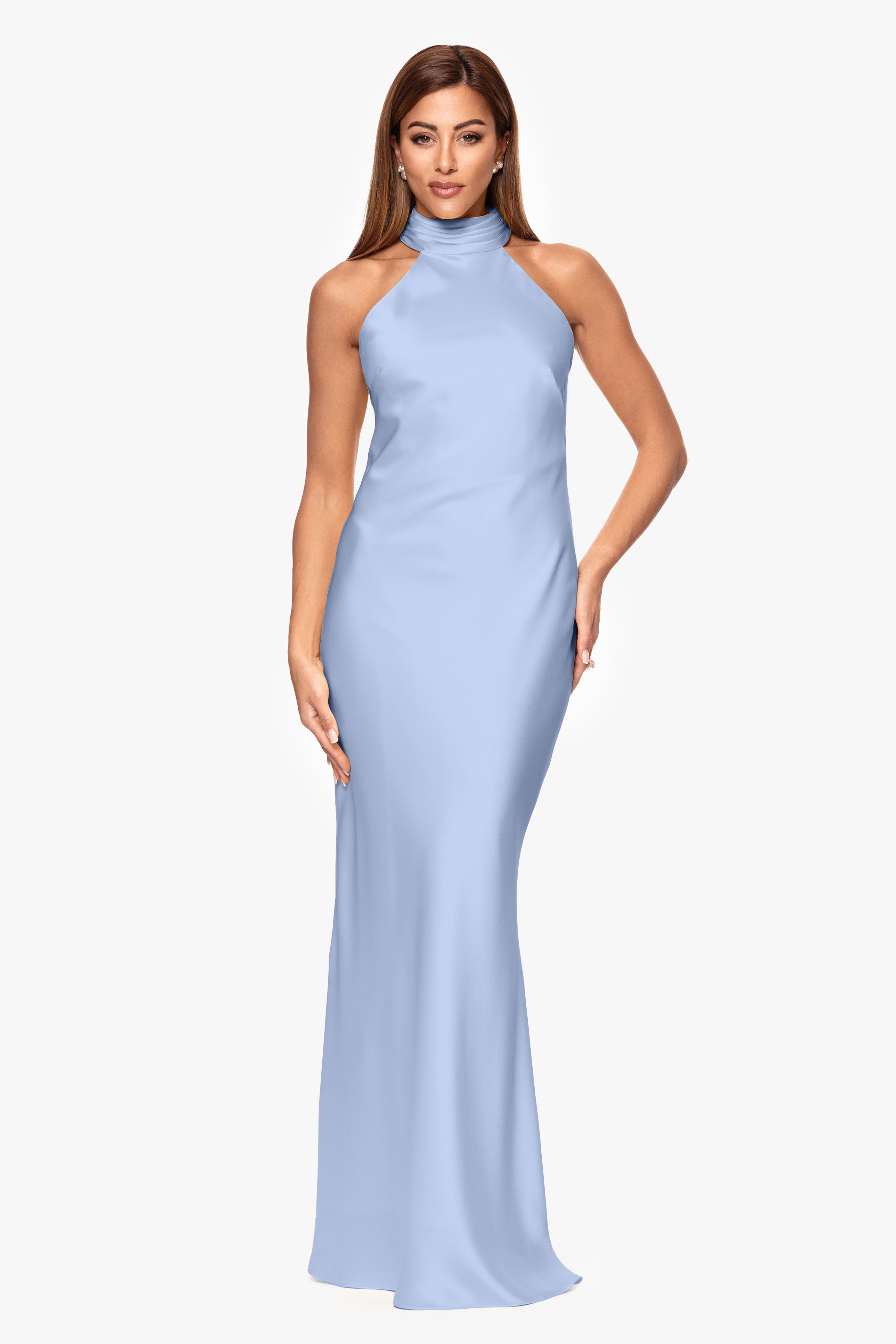 Petite "Ruth" Satin High Tie Neck Backless Floor Length Dress