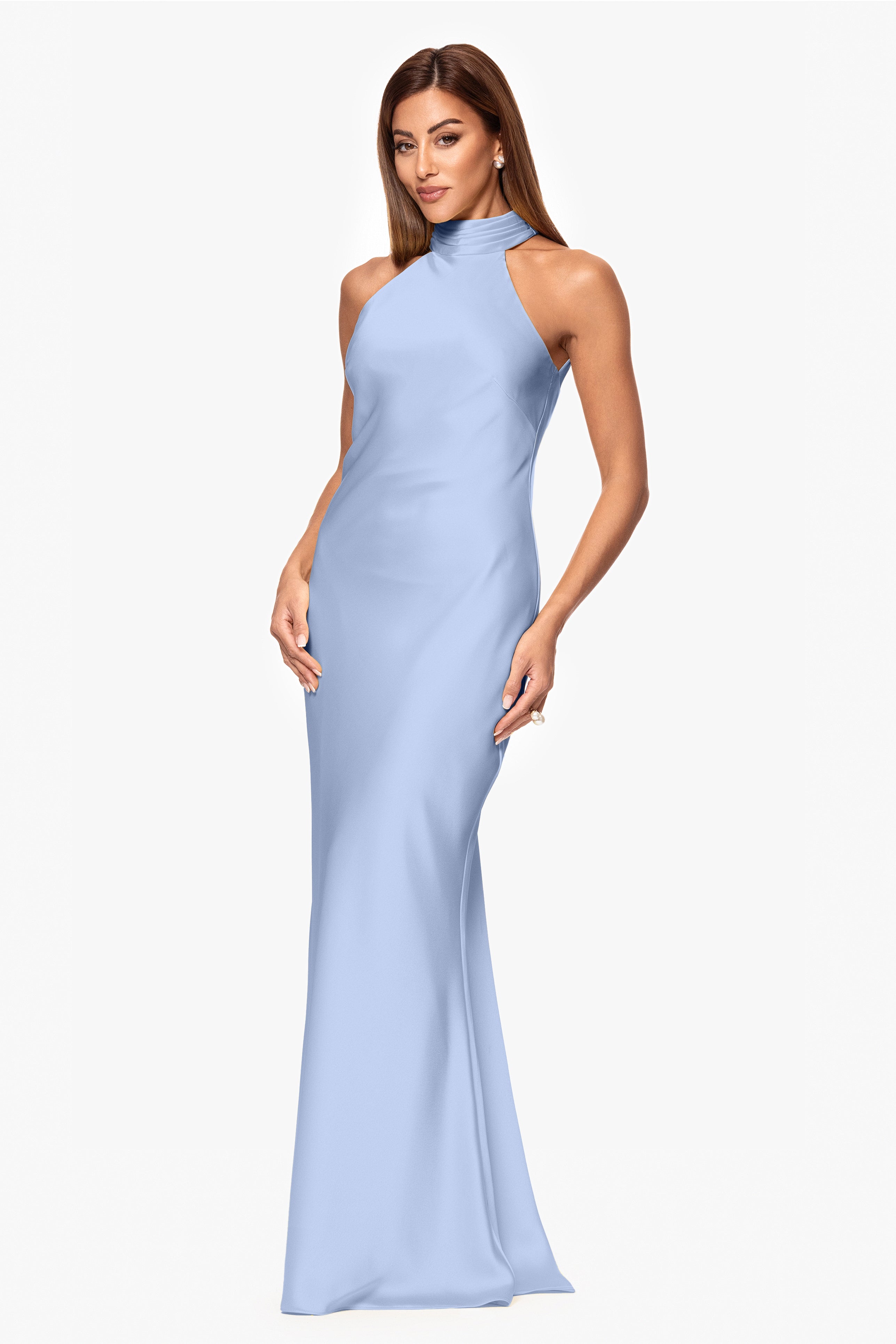 "Ruth" Satin High Tie Neck Backless Floor Length Dress