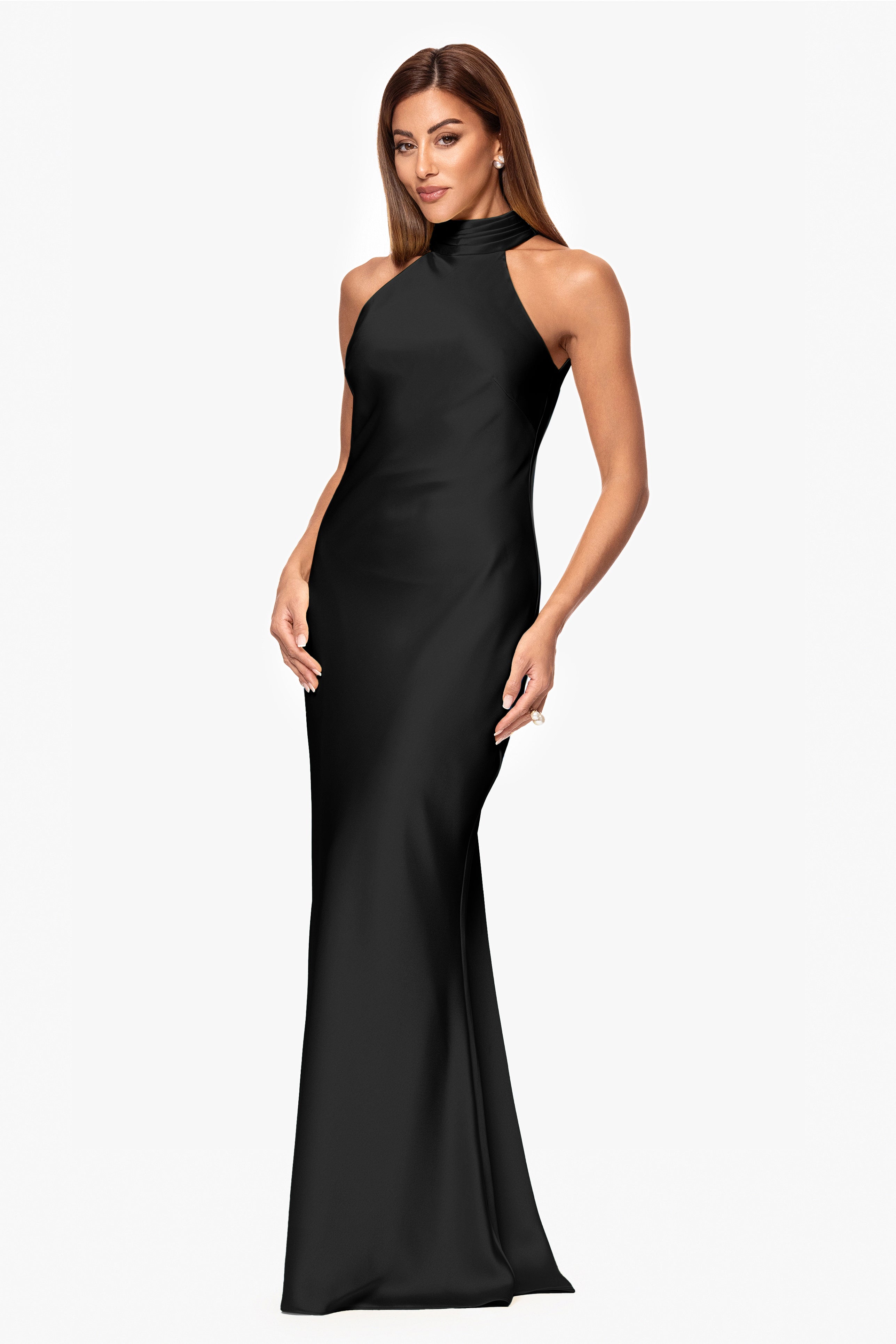 "Ruth" Satin High Tie Neck Backless Floor Length Dress