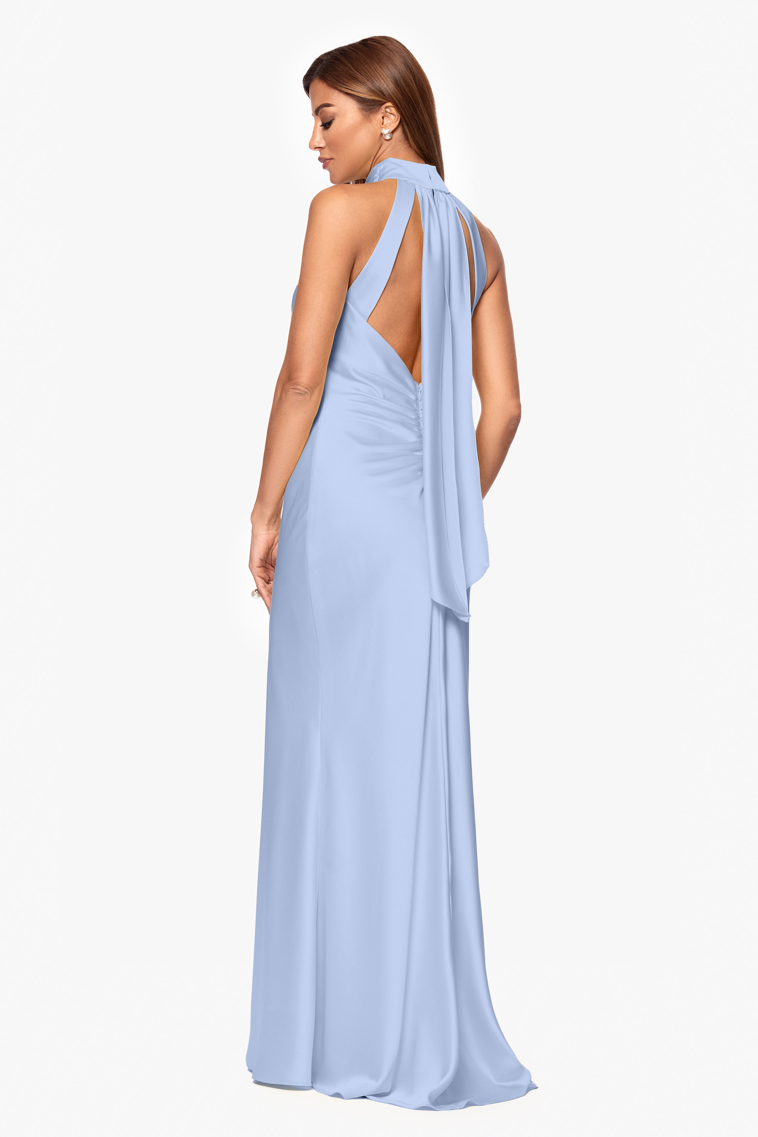 Petite "Ruth" Satin High Tie Neck Backless Floor Length Dress