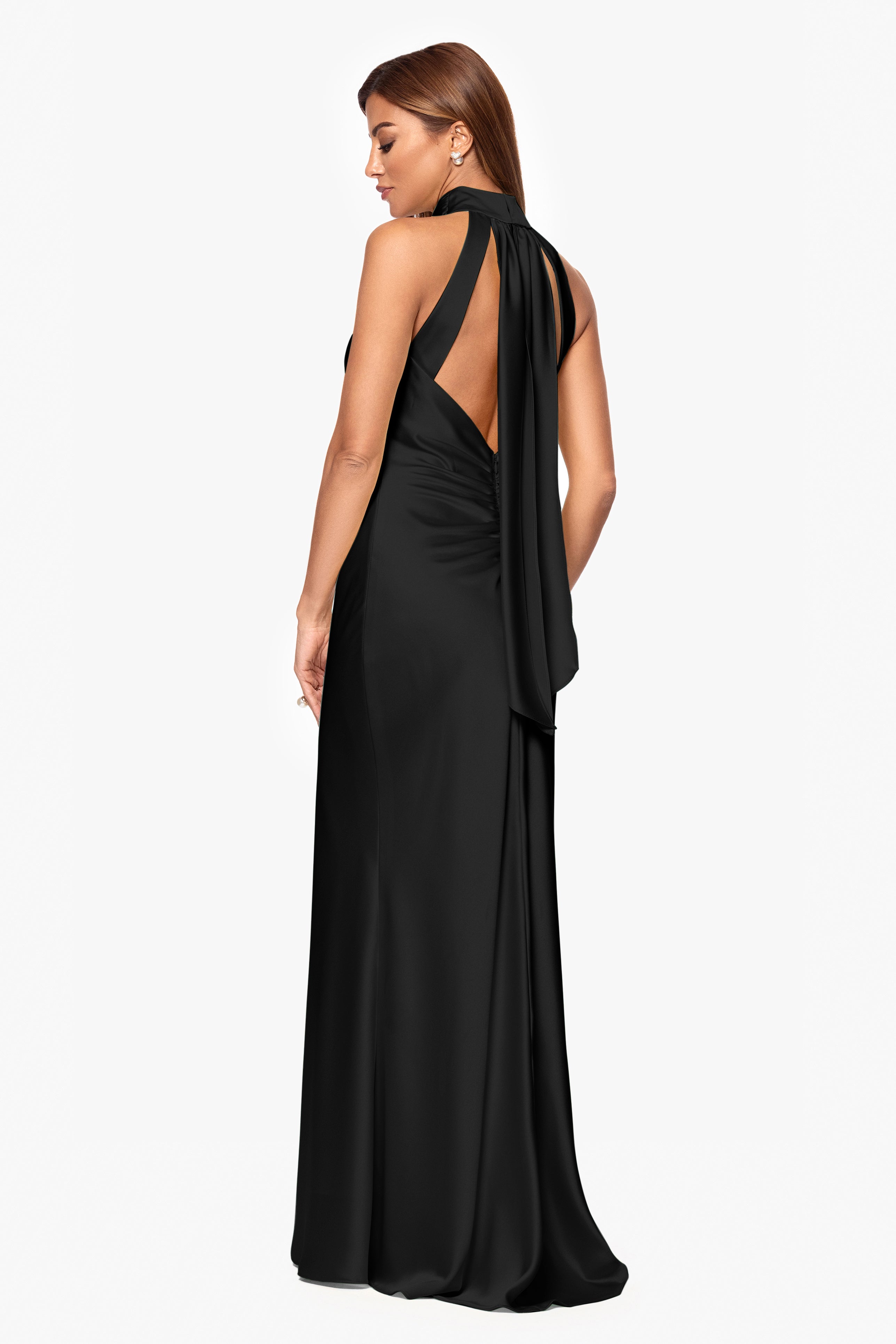 Petite "Ruth" Satin High Tie Neck Backless Floor Length Dress