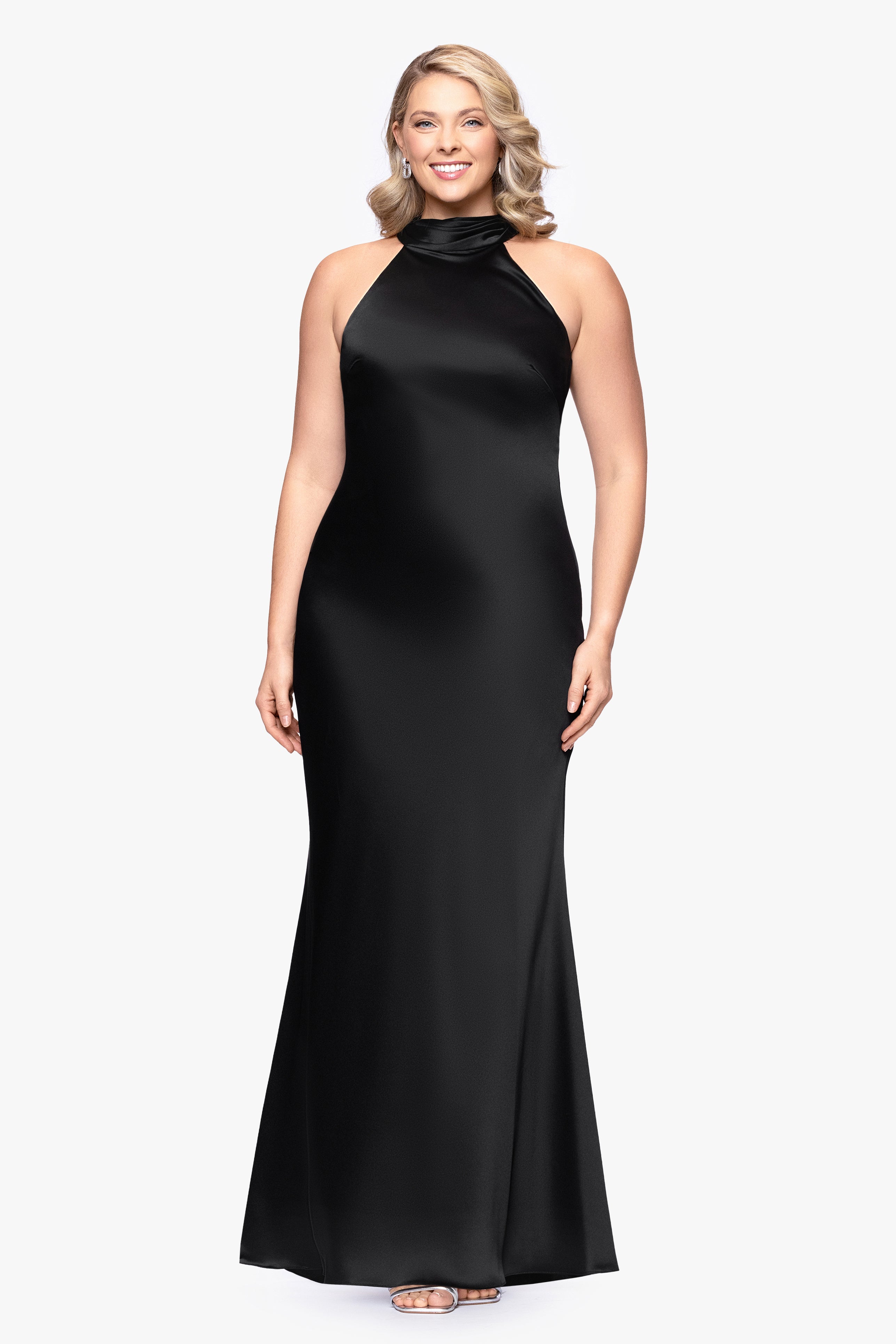 Petite "Ruth" Satin High Tie Neck Backless Floor Length Dress