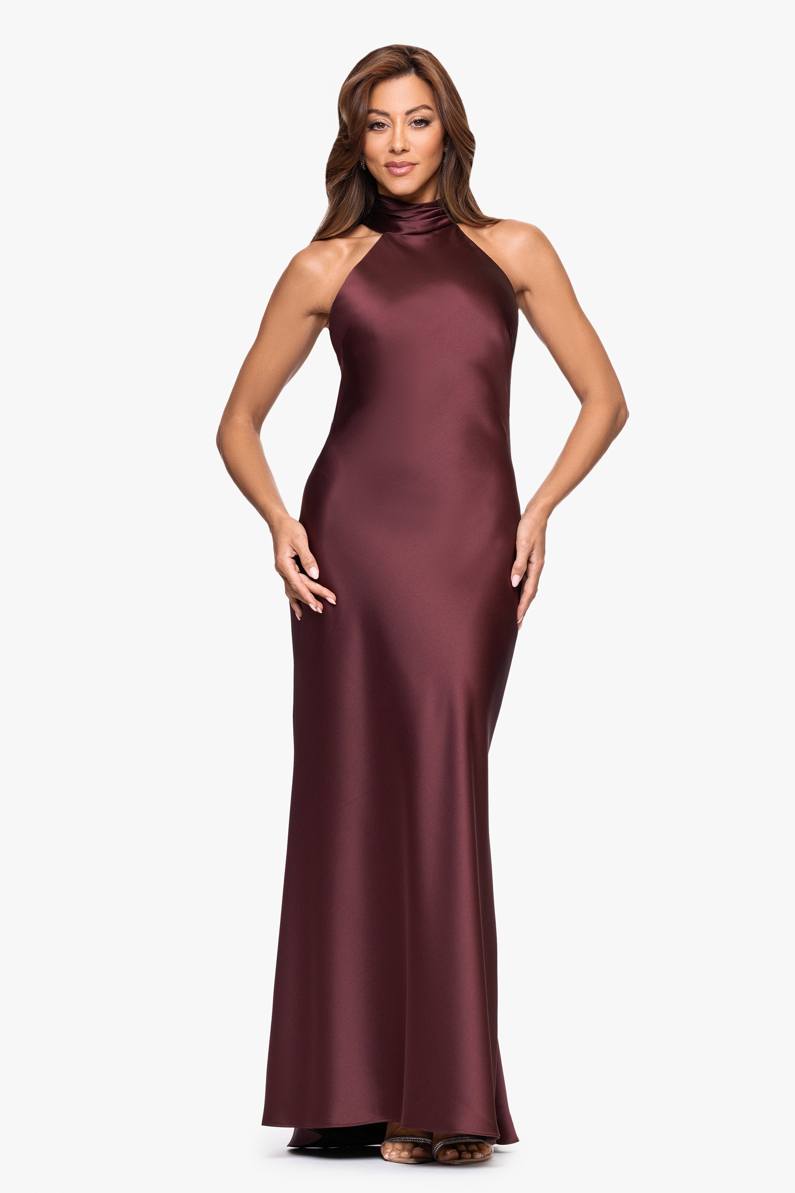 "Ruth" Satin High Tie Neck Backless Floor Length Dress