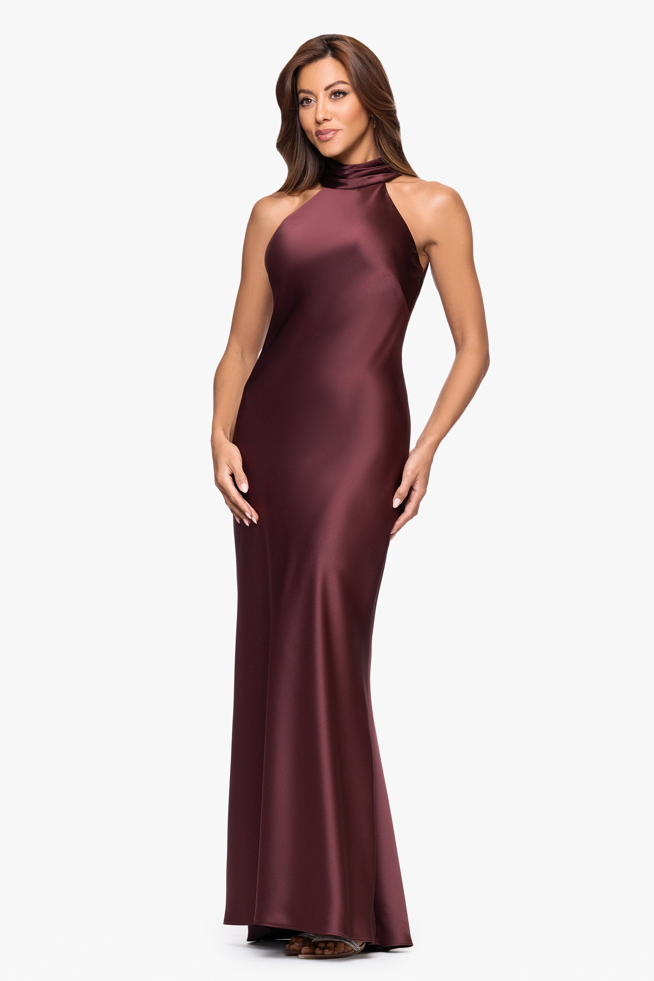 "Ruth" Satin High Tie Neck Backless Floor Length Dress