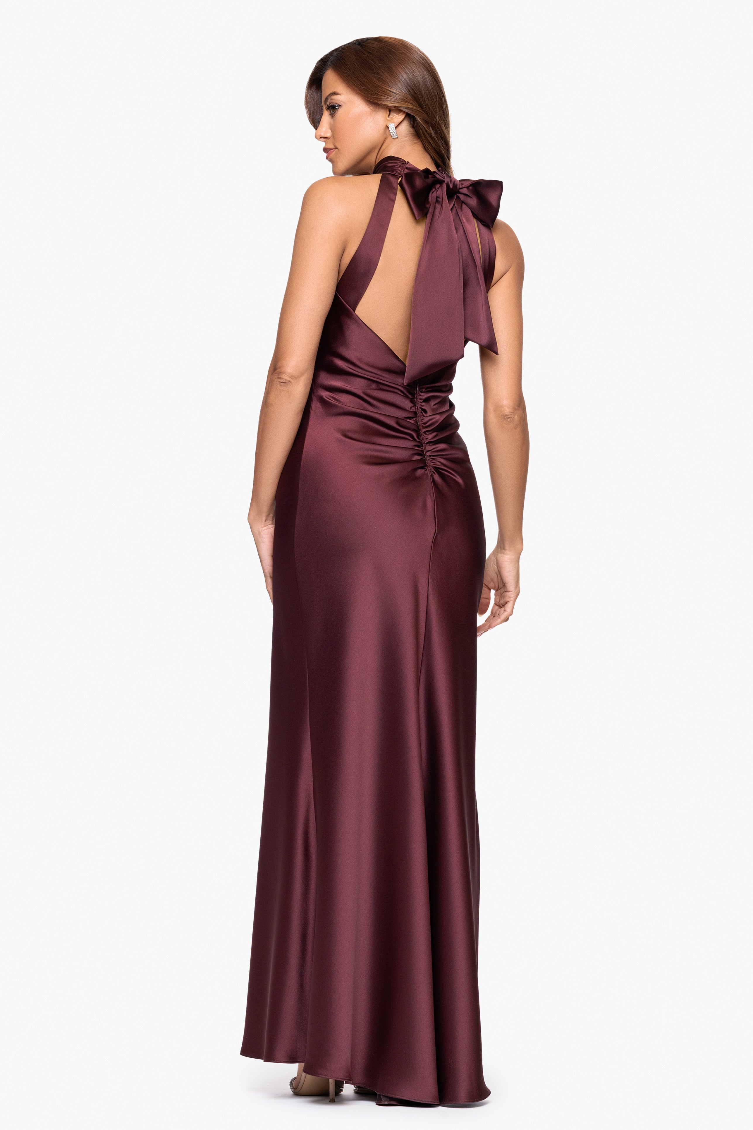 "Ruth" Satin High Tie Neck Backless Floor Length Dress